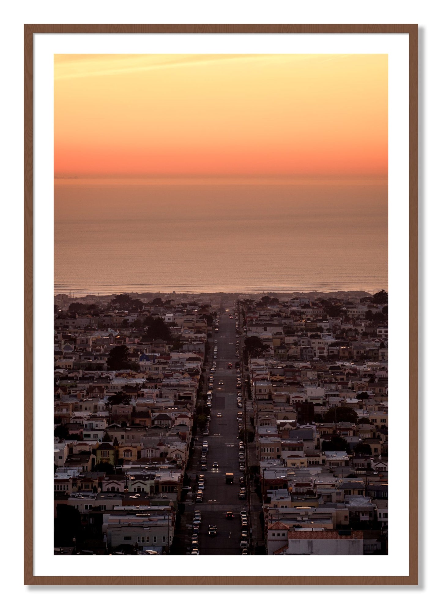 Framed photograph of Sunset Streets by Dylan Ozanich, Walnut frame, Borders