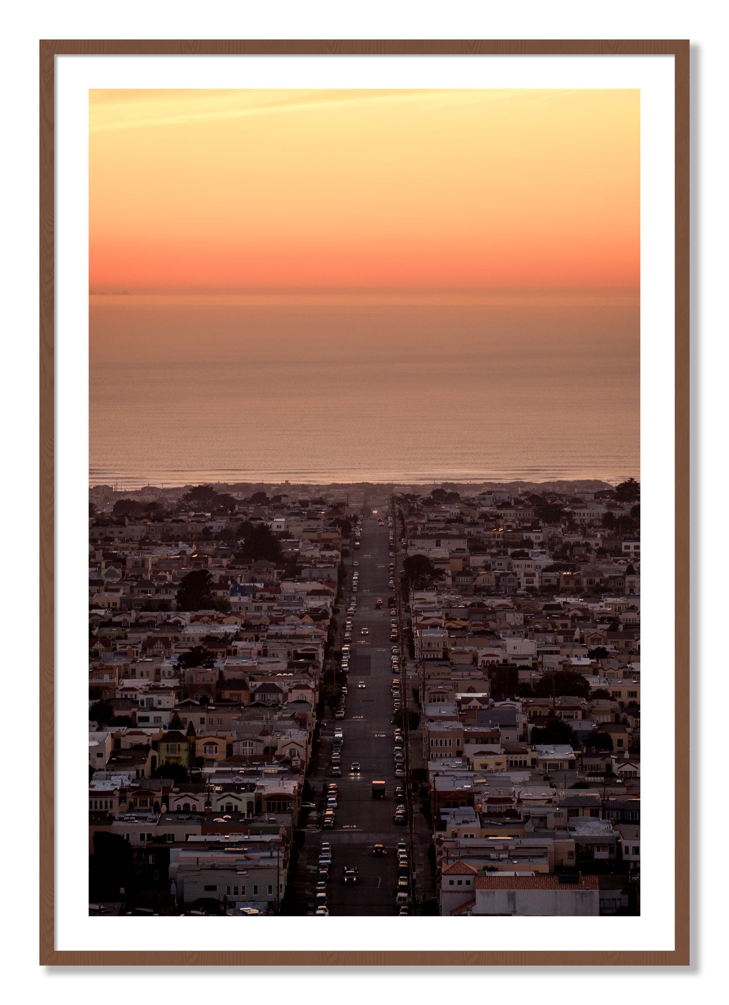 Framed photograph of Sunset Streets by Dylan Ozanich, Walnut frame, Borders