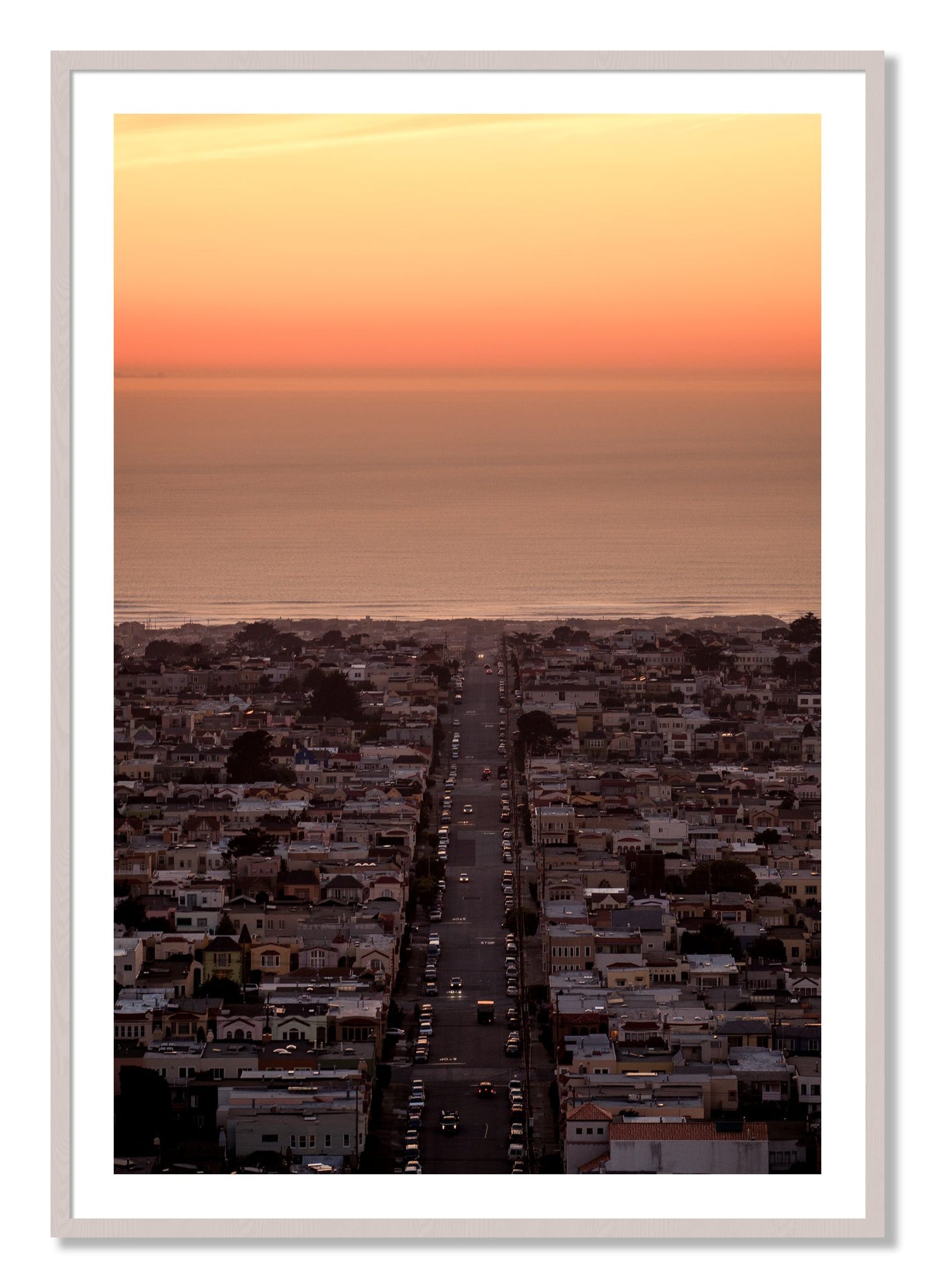 Framed photograph of Sunset Streets by Dylan Ozanich, White Maple frame, Borders