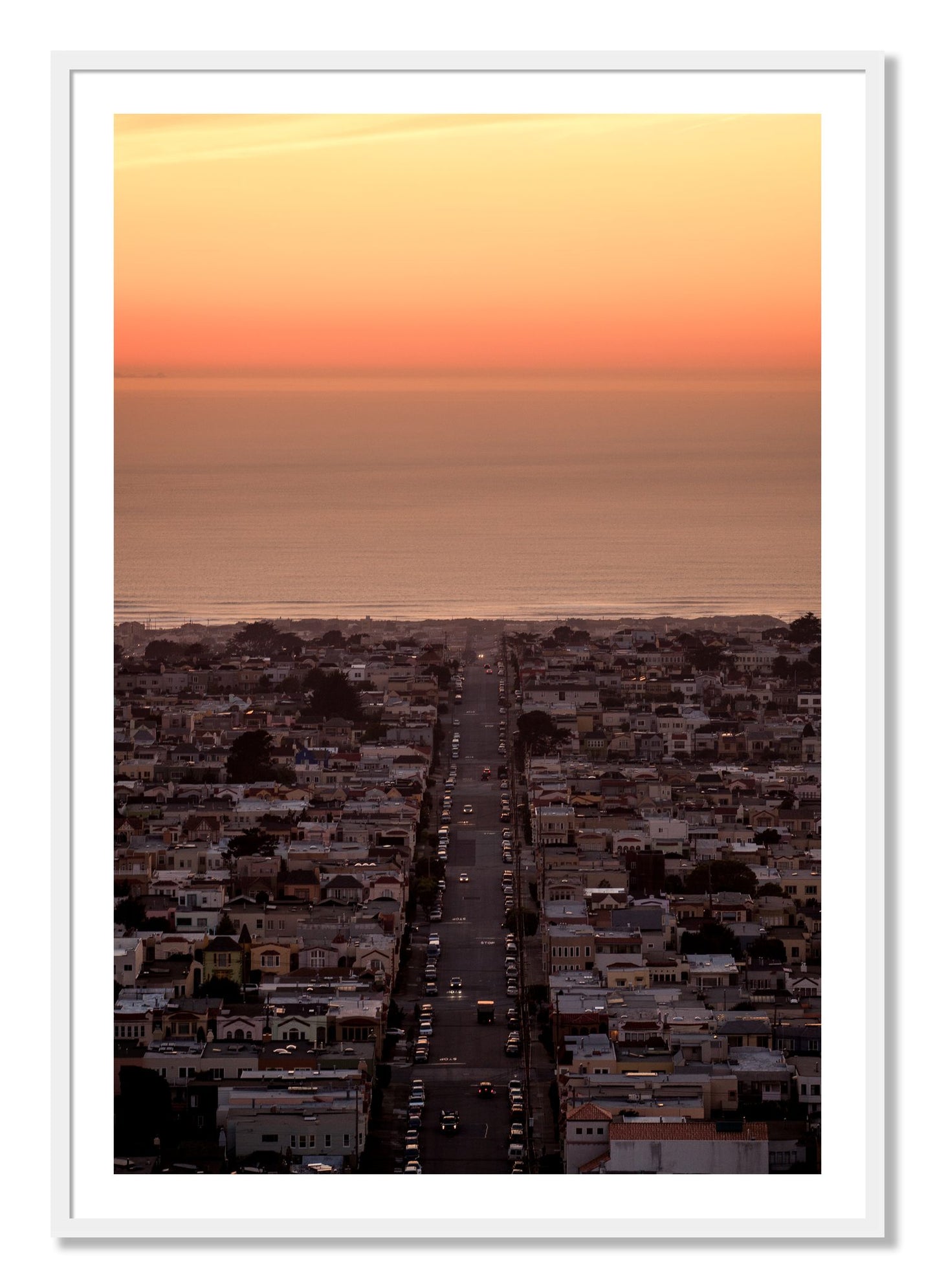 Framed photograph of Sunset Streets by Dylan Ozanich, White frame, Borders