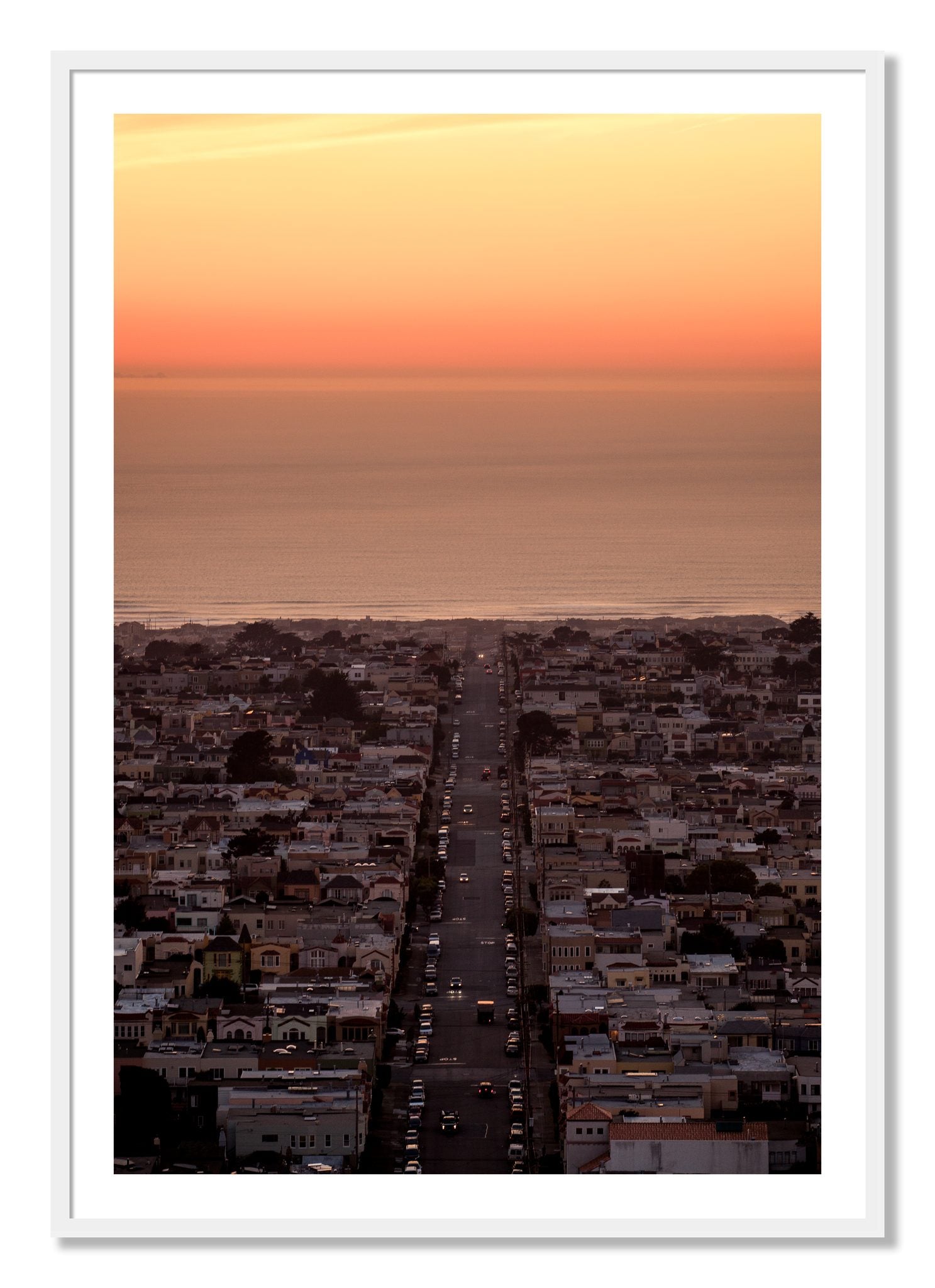 Framed photograph of Sunset Streets by Dylan Ozanich, White frame, Borders