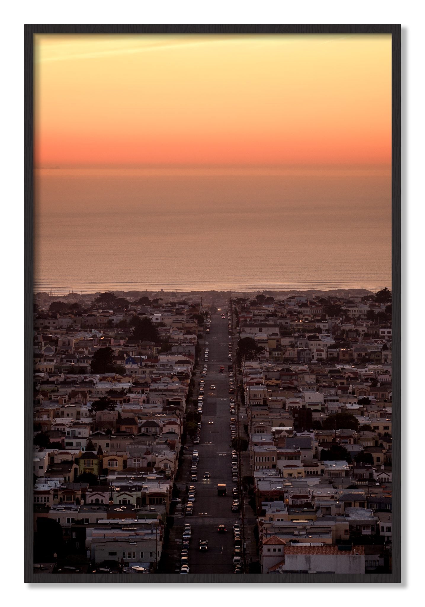 Framed photograph of Sunset Streets by Dylan Ozanich, Black Walnut frame, Full Bleed