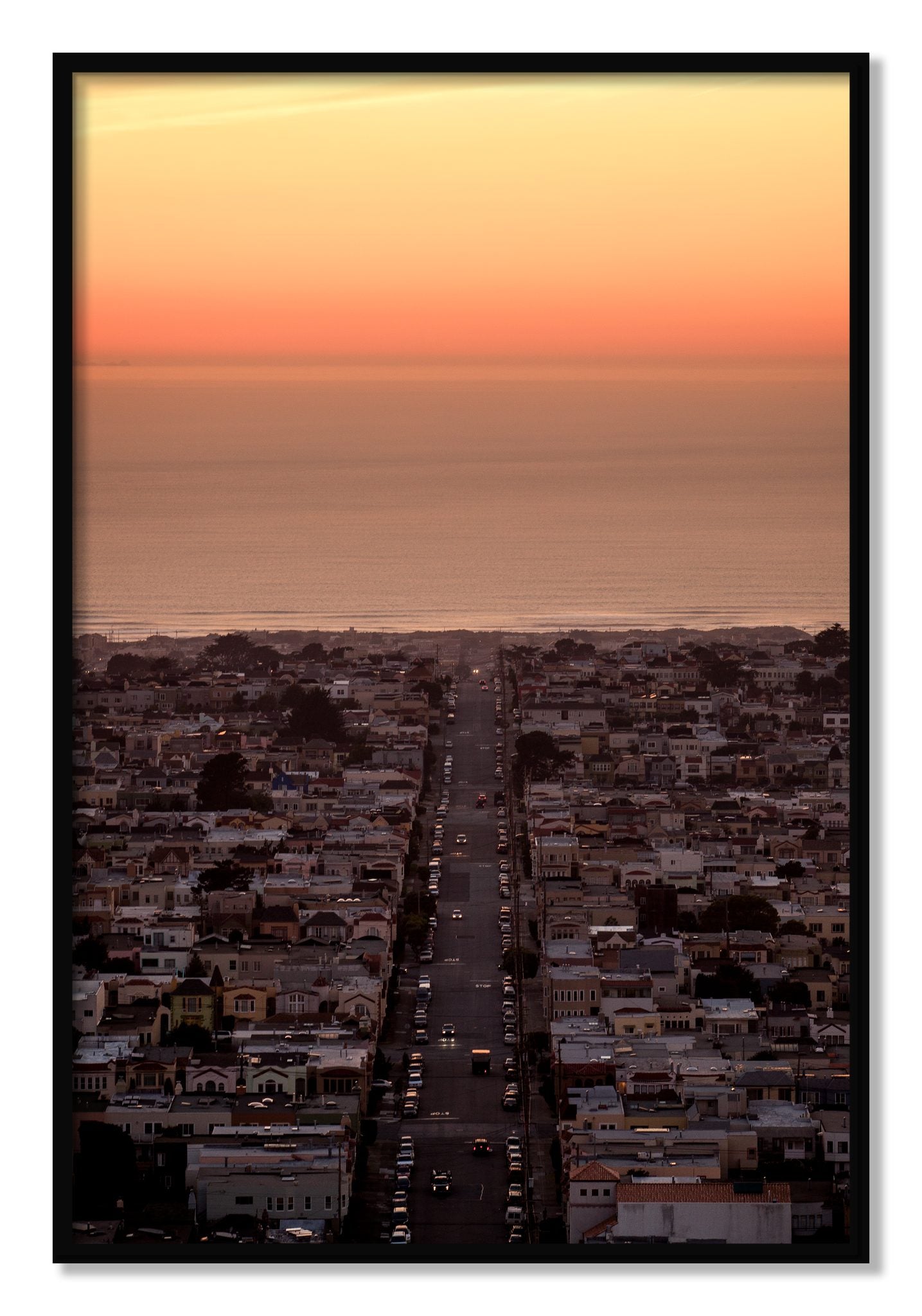 Framed photograph of Sunset Streets by Dylan Ozanich, Black frame, Full Bleed