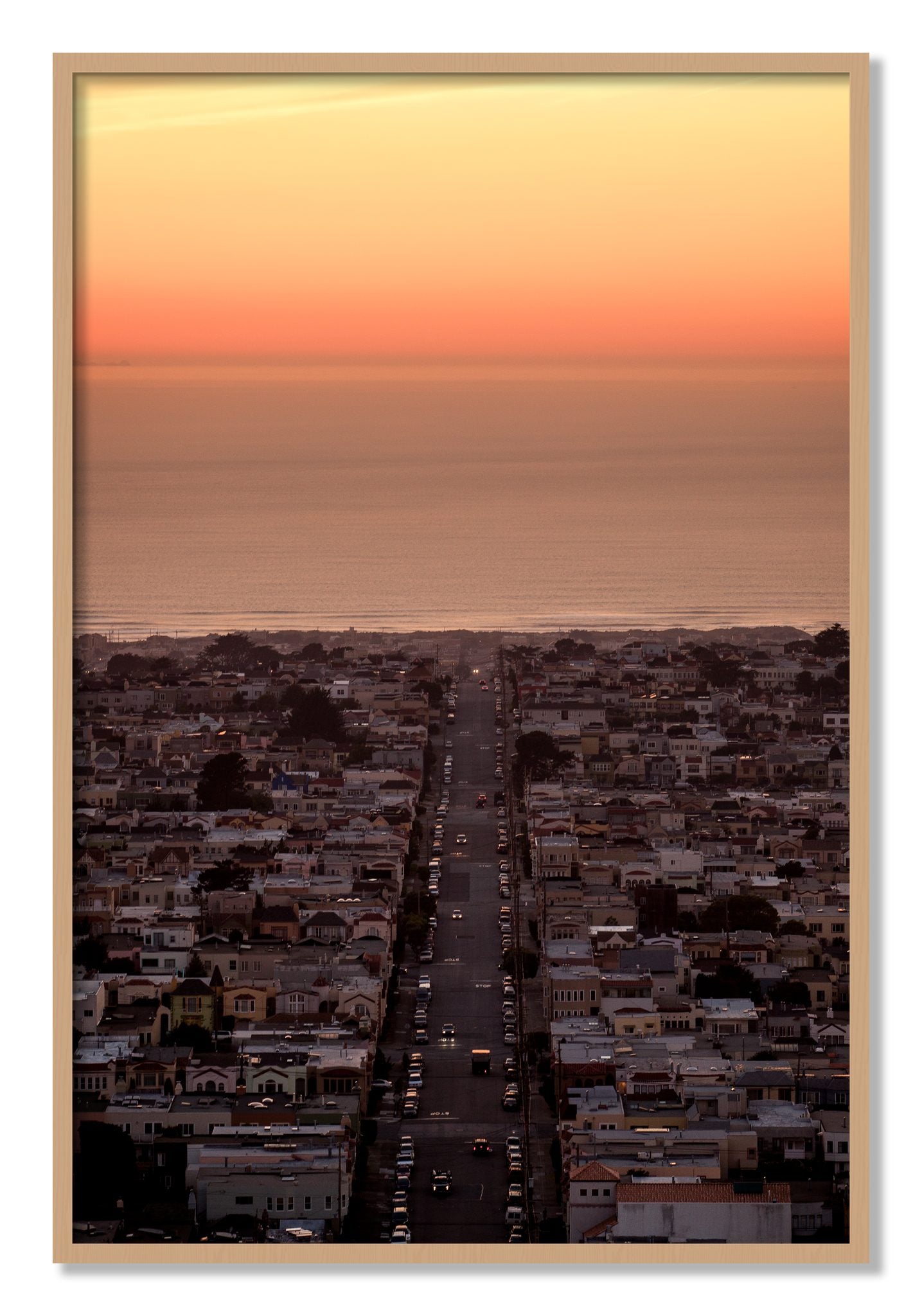 Framed photograph of Sunset Streets by Dylan Ozanich, Oak frame, Full Bleed