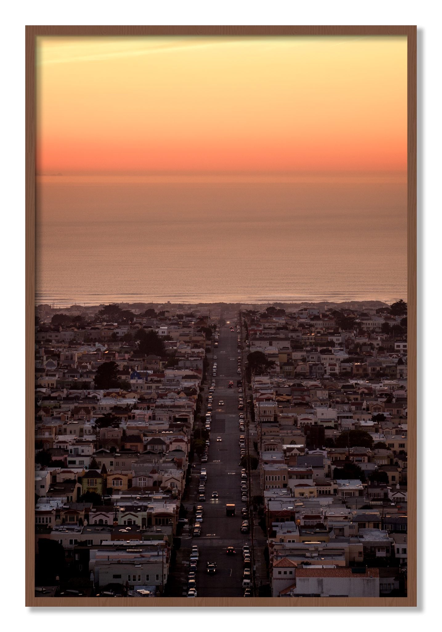 Framed photograph of Sunset Streets by Dylan Ozanich, Walnut frame, Full Bleed