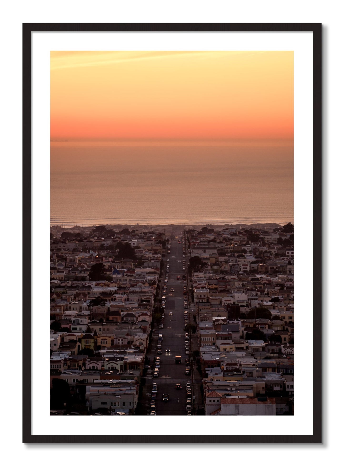 Framed photograph of Sunset Streets by Dylan Ozanich, Black Walnut frame, Borders