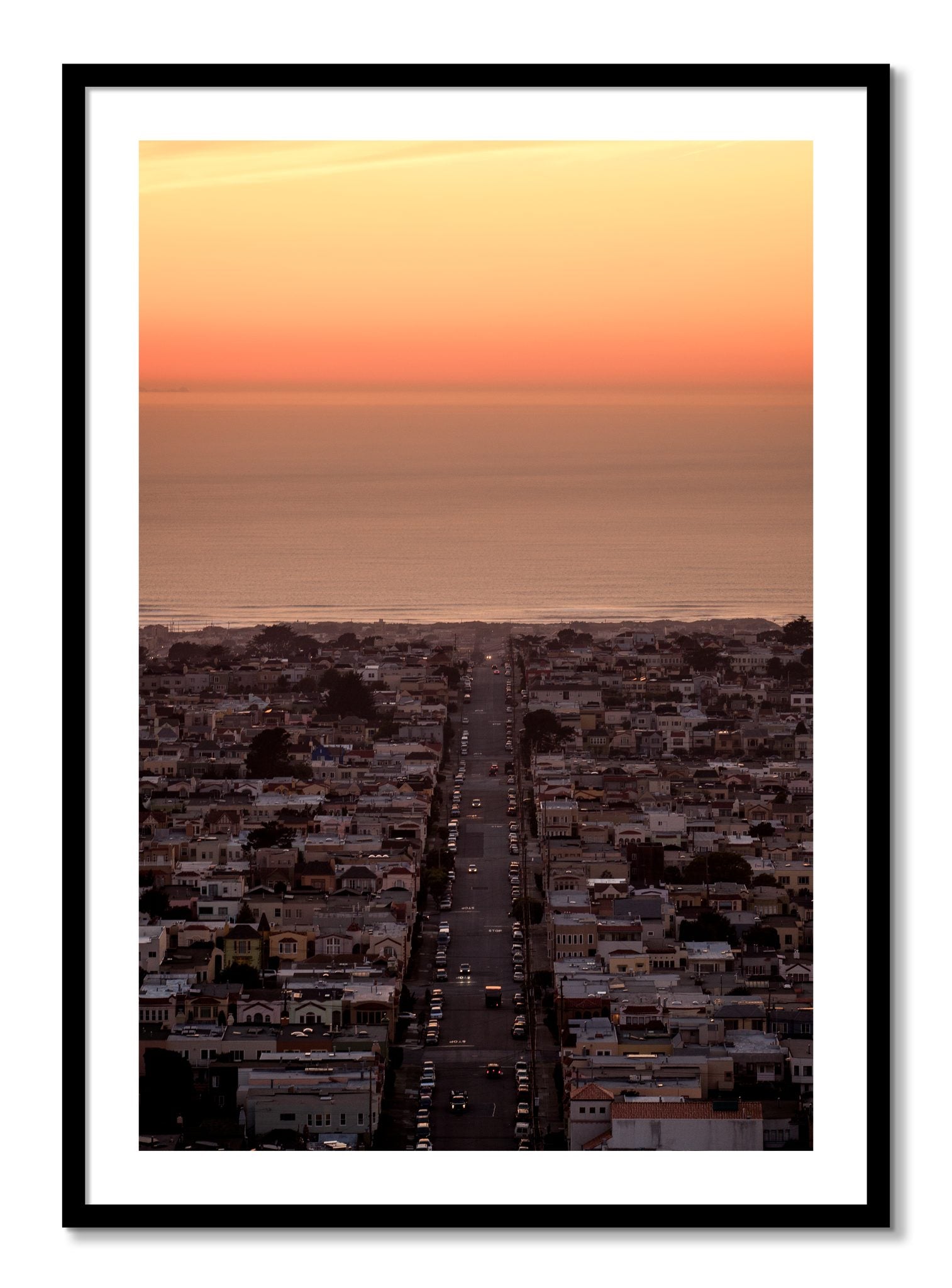 Framed photograph of Sunset Streets by Dylan Ozanich, Black frame, Borders