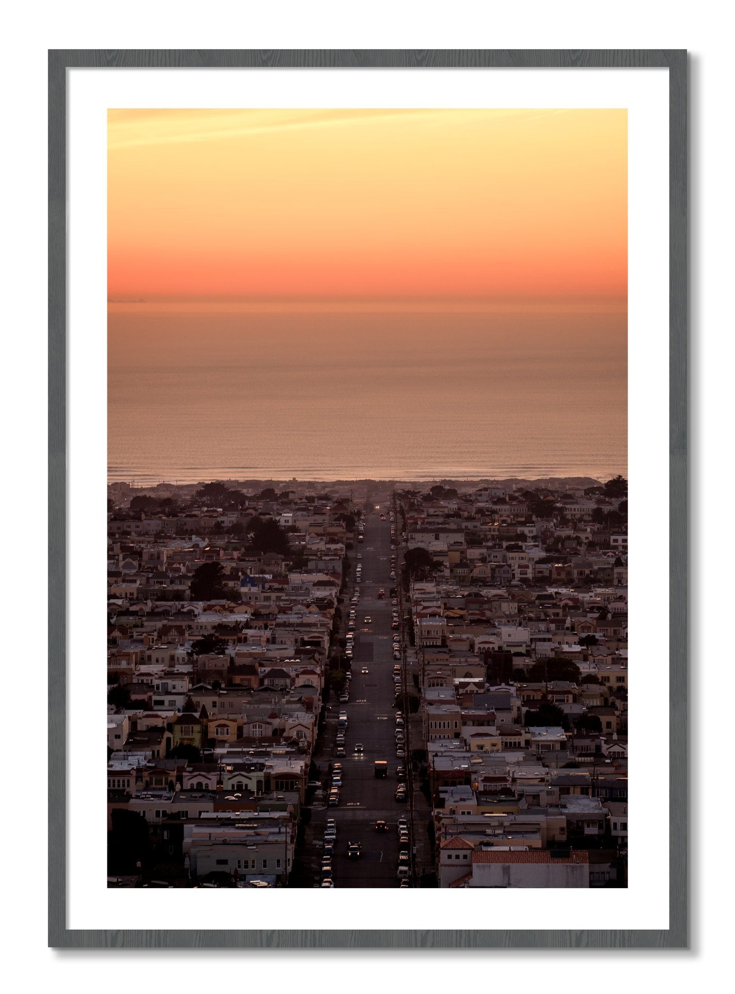 Framed photograph of Sunset Streets by Dylan Ozanich, Grey frame, Borders