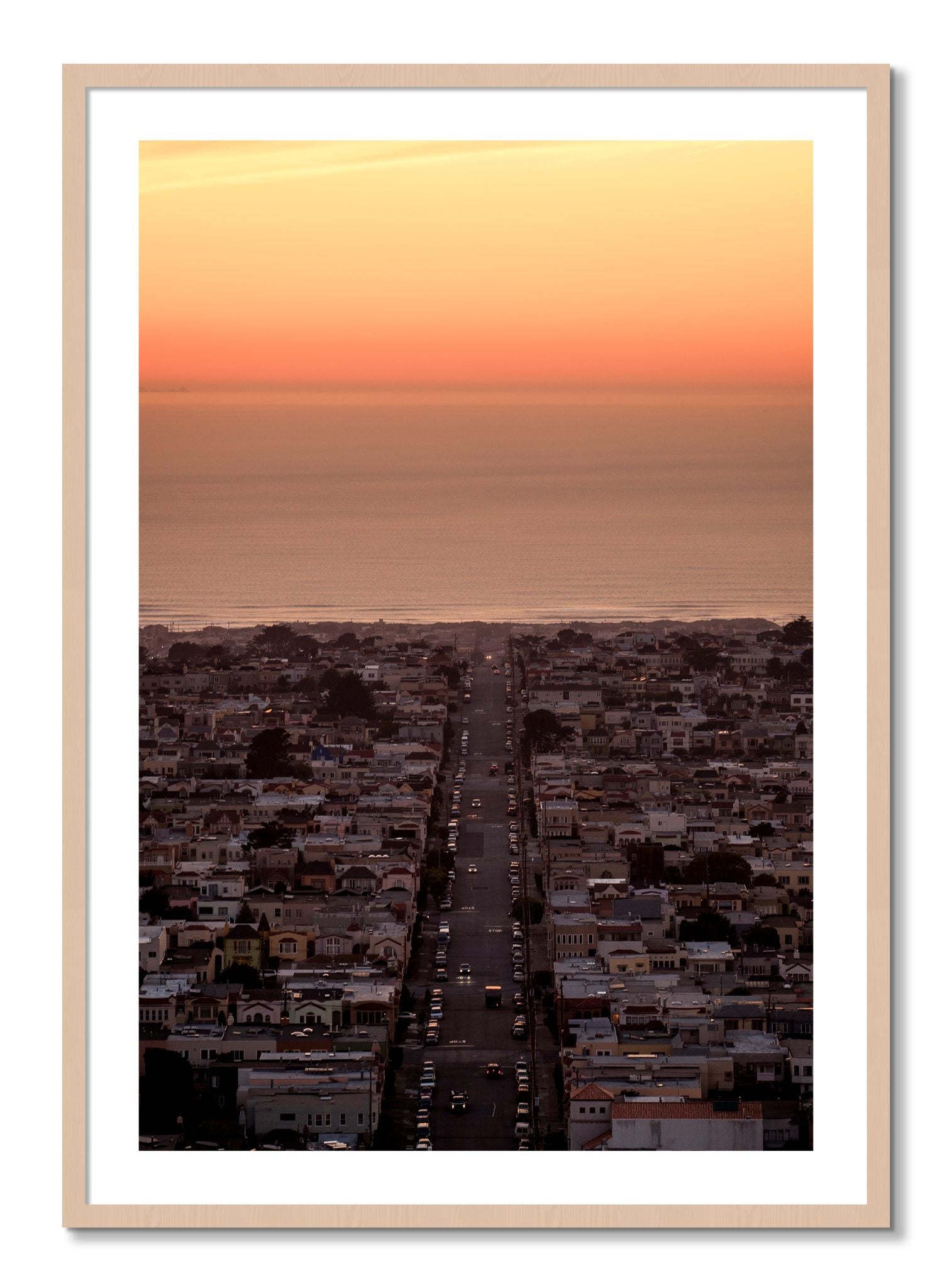 Framed photograph of Sunset Streets by Dylan Ozanich, Maple frame, Borders