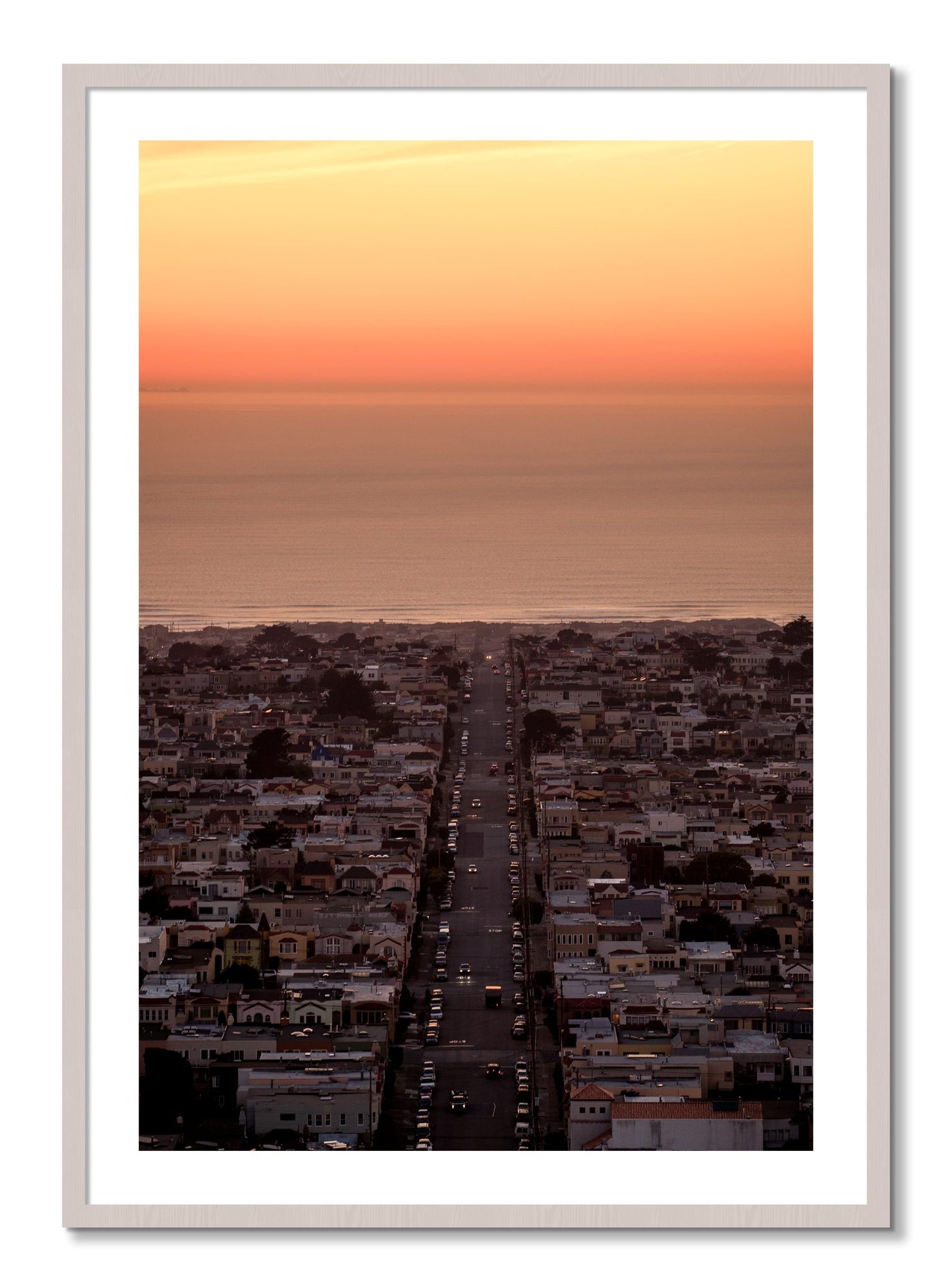 Framed photograph of Sunset Streets by Dylan Ozanich, White Maple frame, Borders