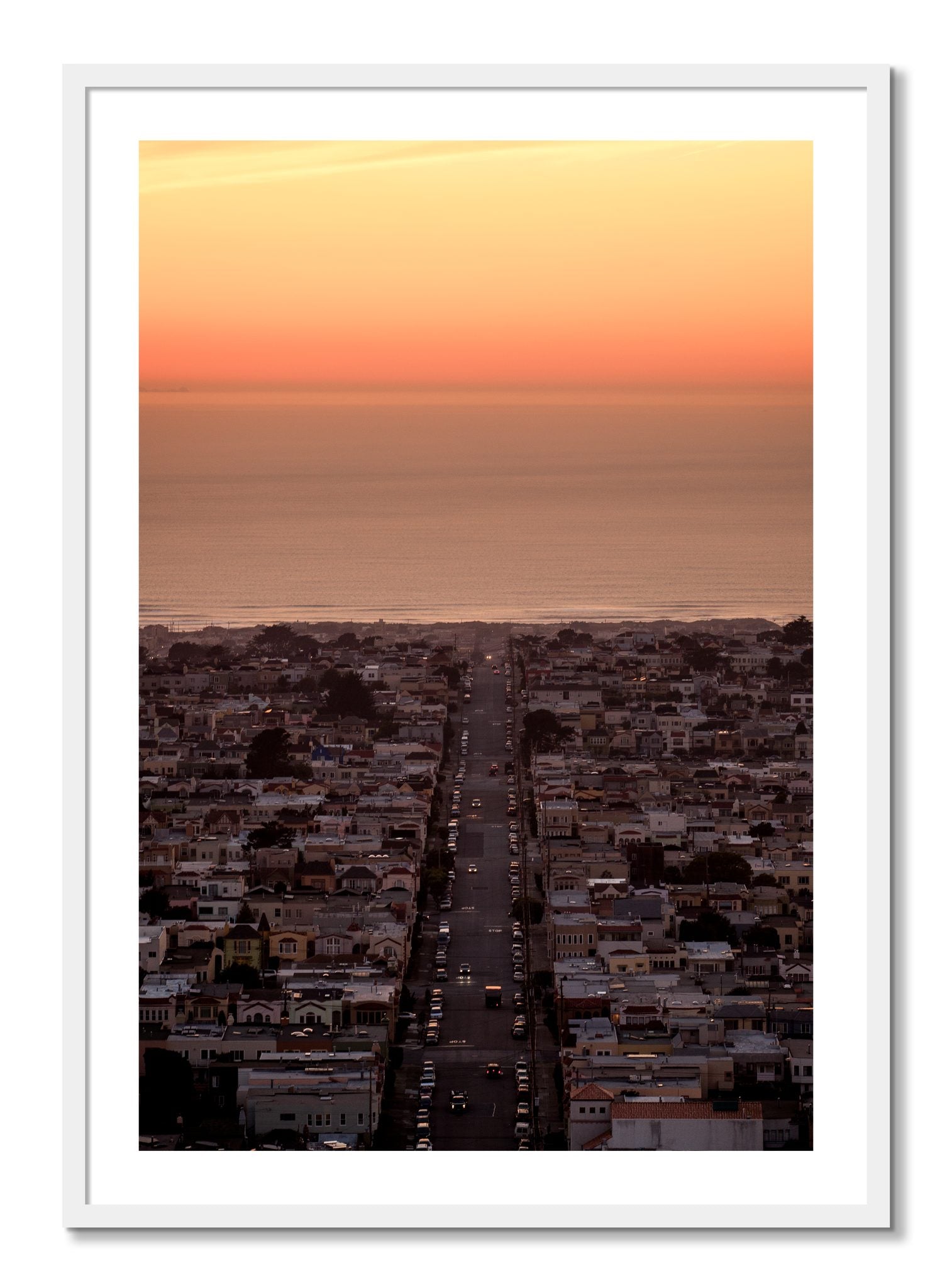 Framed photograph of Sunset Streets by Dylan Ozanich, White frame, Borders