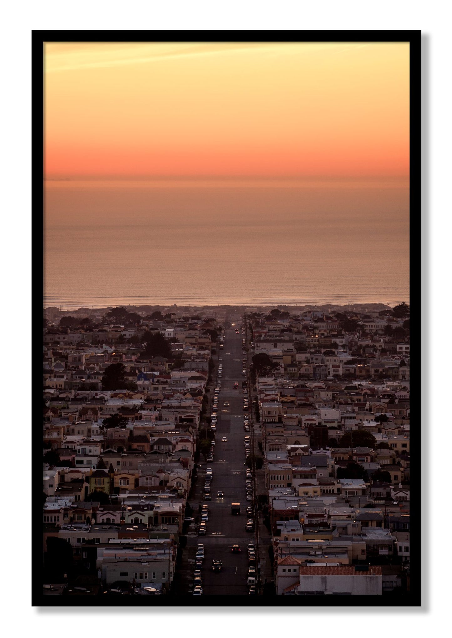 Framed photograph of Sunset Streets by Dylan Ozanich, Black frame, Full Bleed