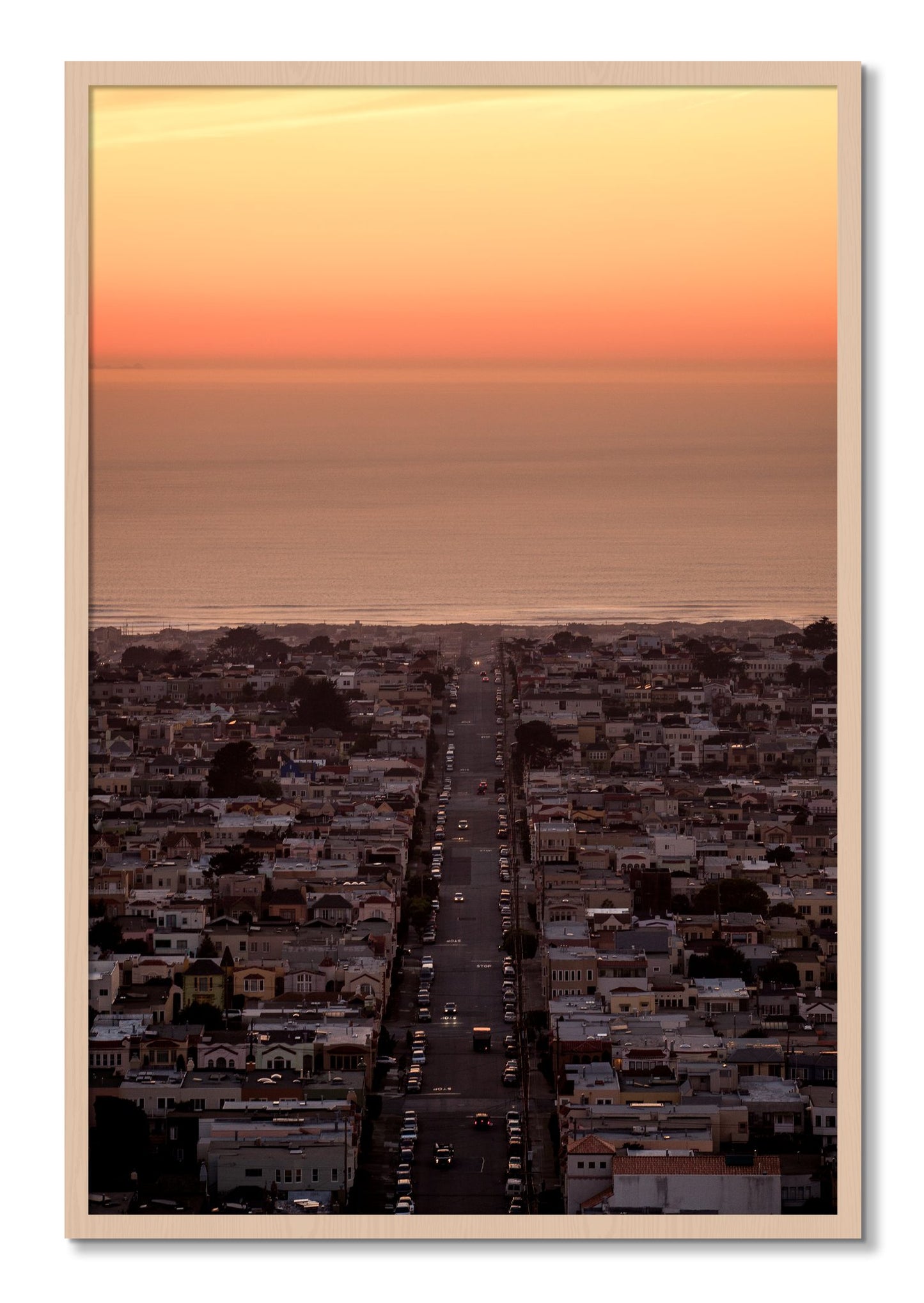 Framed photograph of Sunset Streets by Dylan Ozanich, Maple frame, Full Bleed