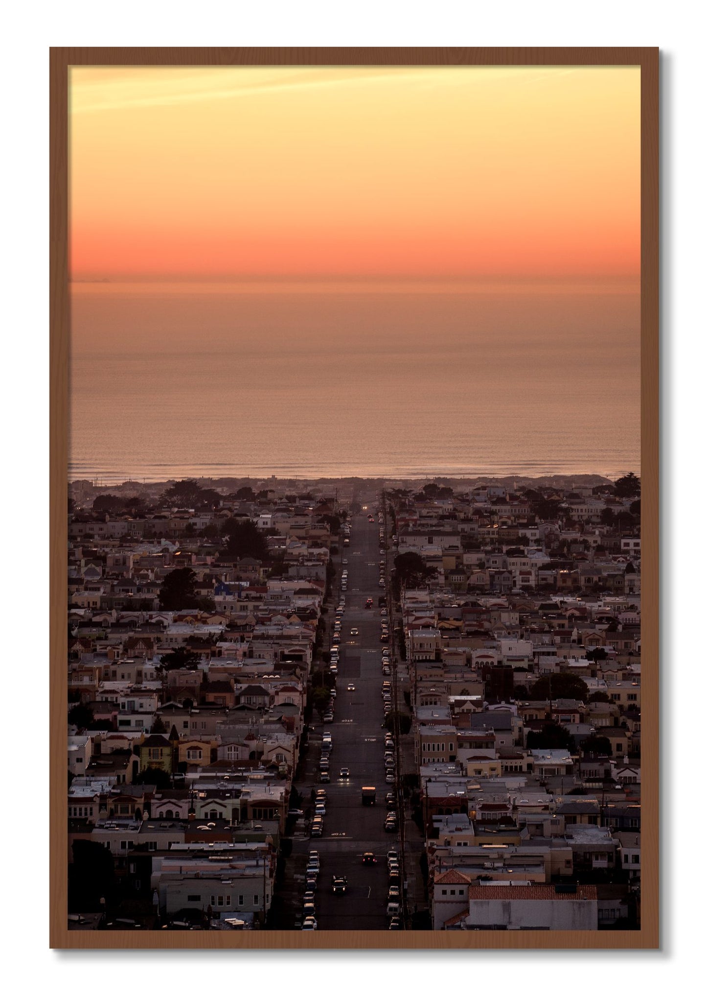 Framed photograph of Sunset Streets by Dylan Ozanich, Walnut frame, Full Bleed