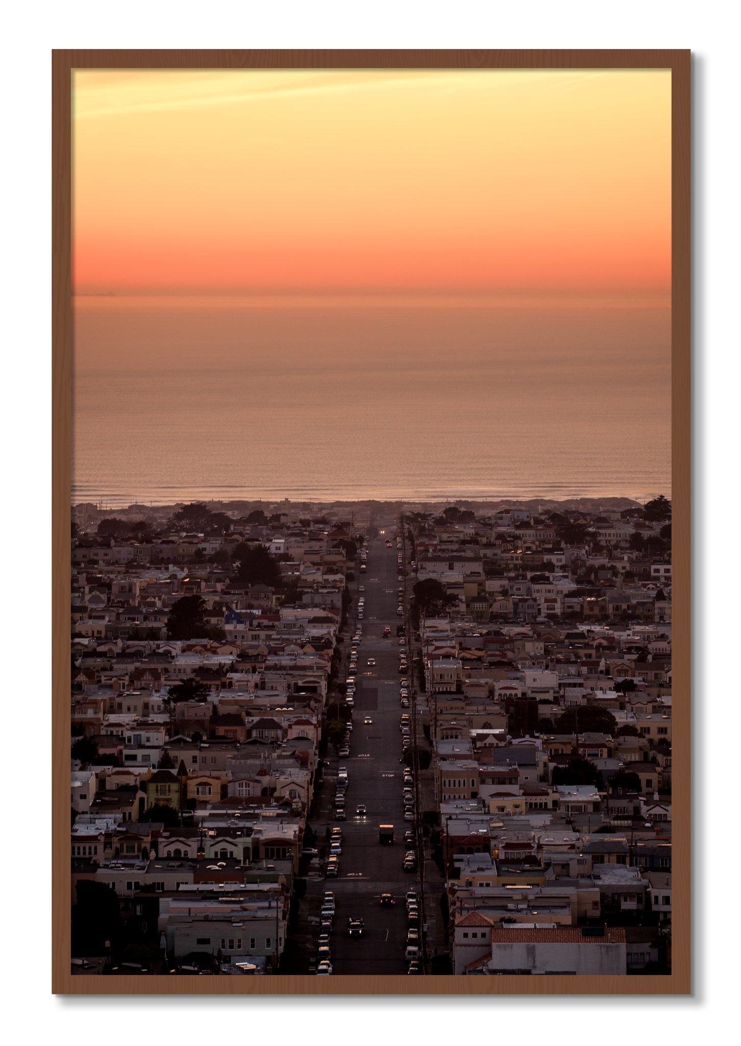 Framed photograph of Sunset Streets by Dylan Ozanich, Walnut frame, Full Bleed
