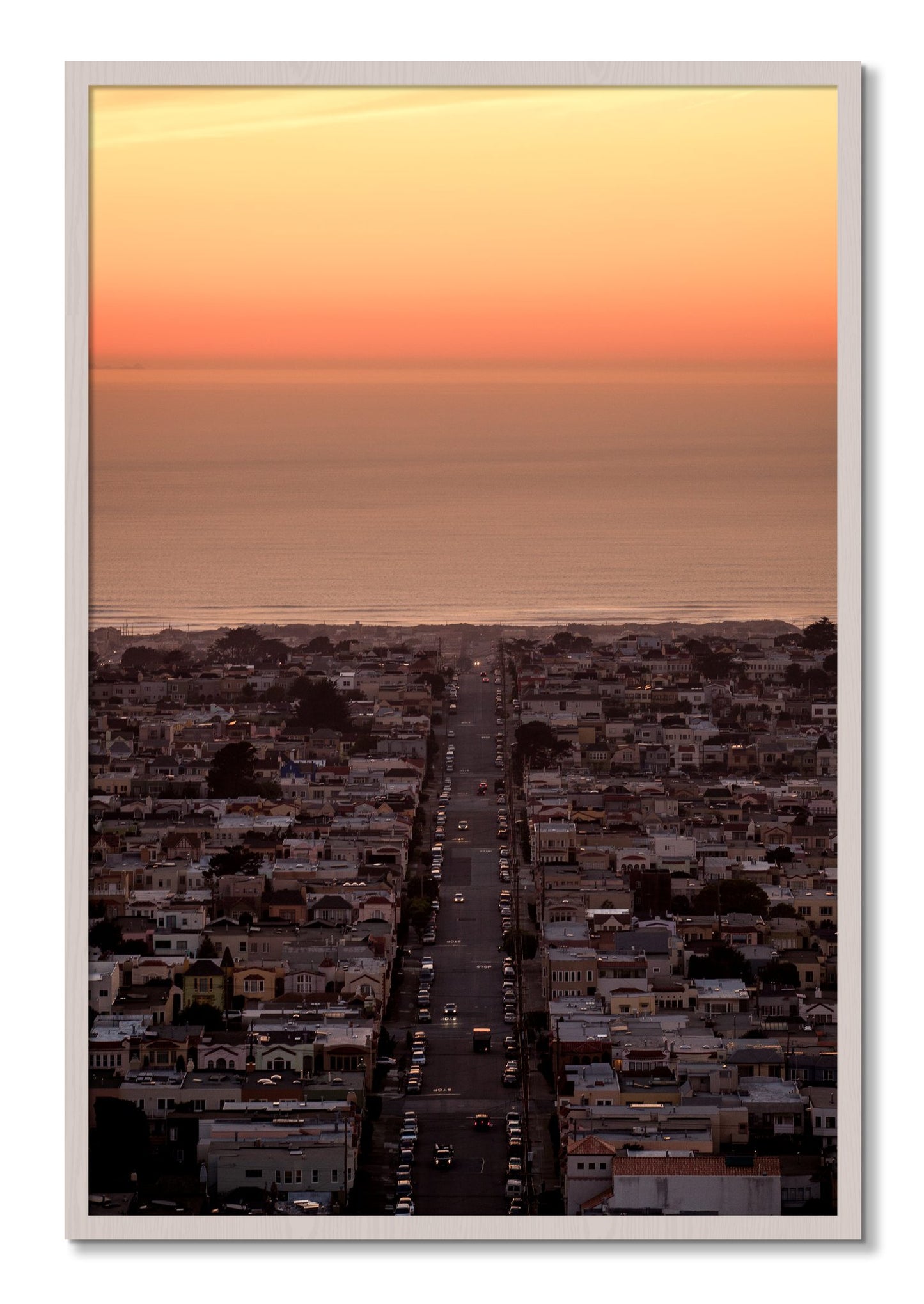 Framed photograph of Sunset Streets by Dylan Ozanich, White Maple frame, Full Bleed