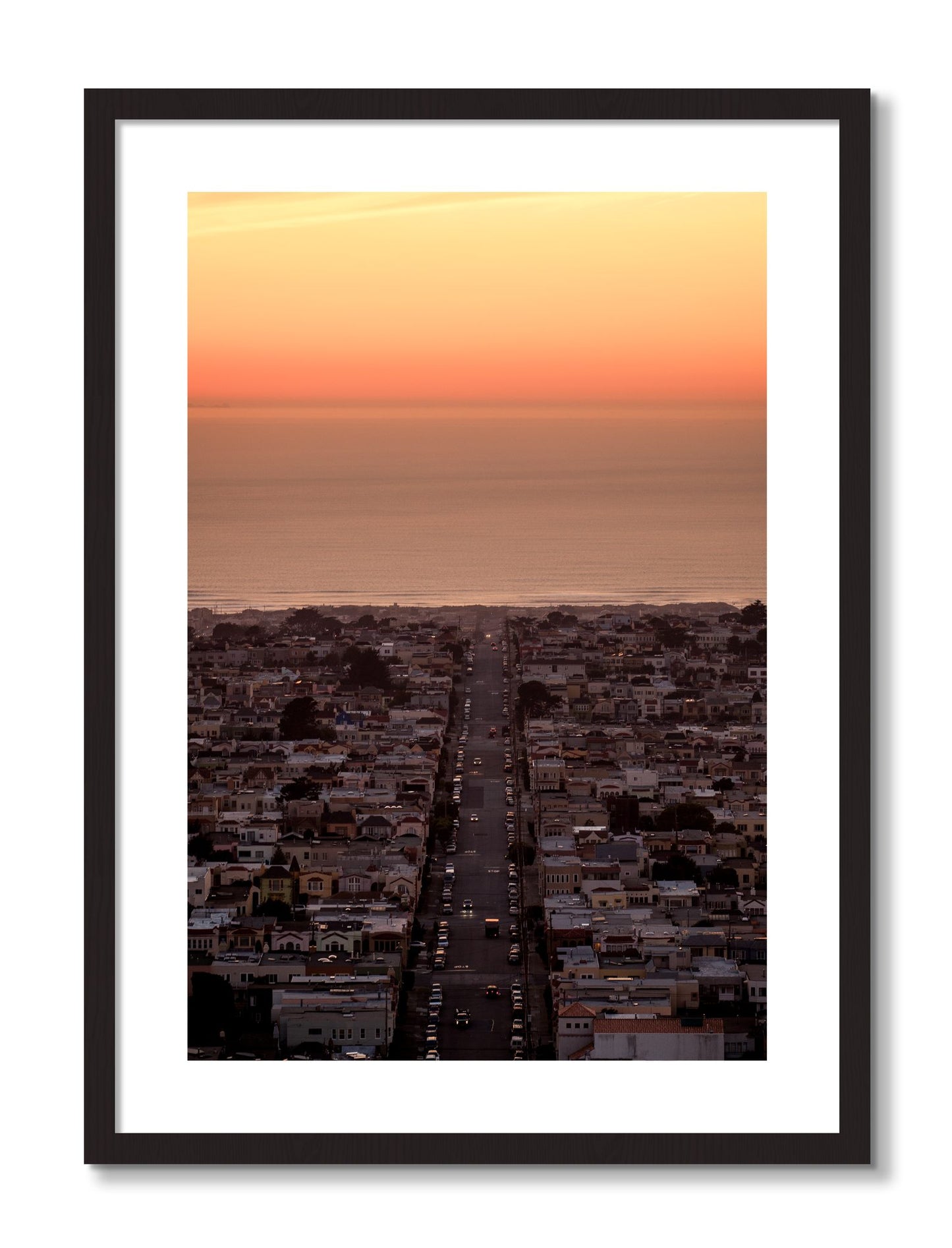 Framed photograph of Sunset Streets by Dylan Ozanich, Black frame, Borders