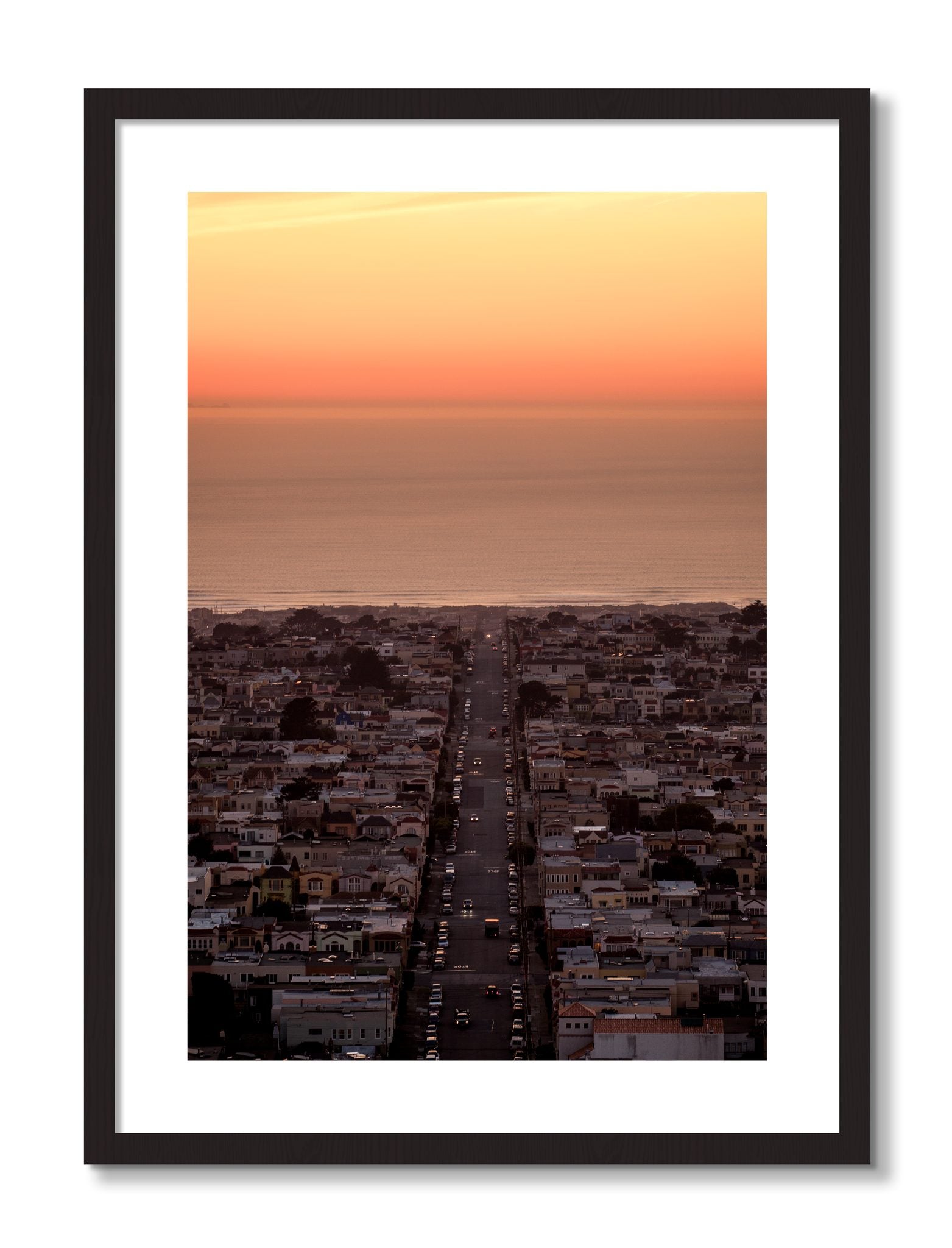 Framed photograph of Sunset Streets by Dylan Ozanich, Black frame, Borders
