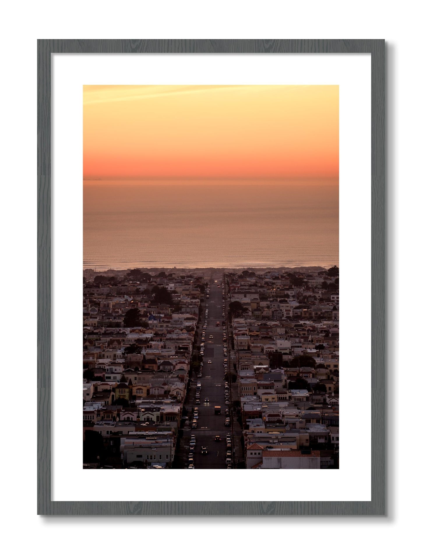 Framed photograph of Sunset Streets by Dylan Ozanich, Grey frame, Borders