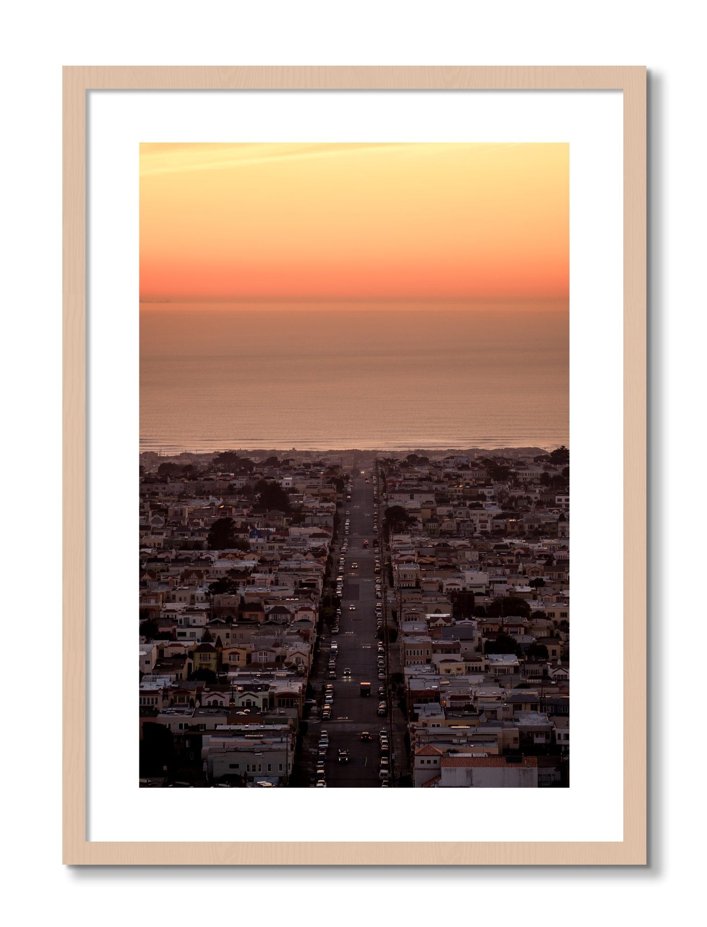 Framed photograph of Sunset Streets by Dylan Ozanich, Maple frame, Borders