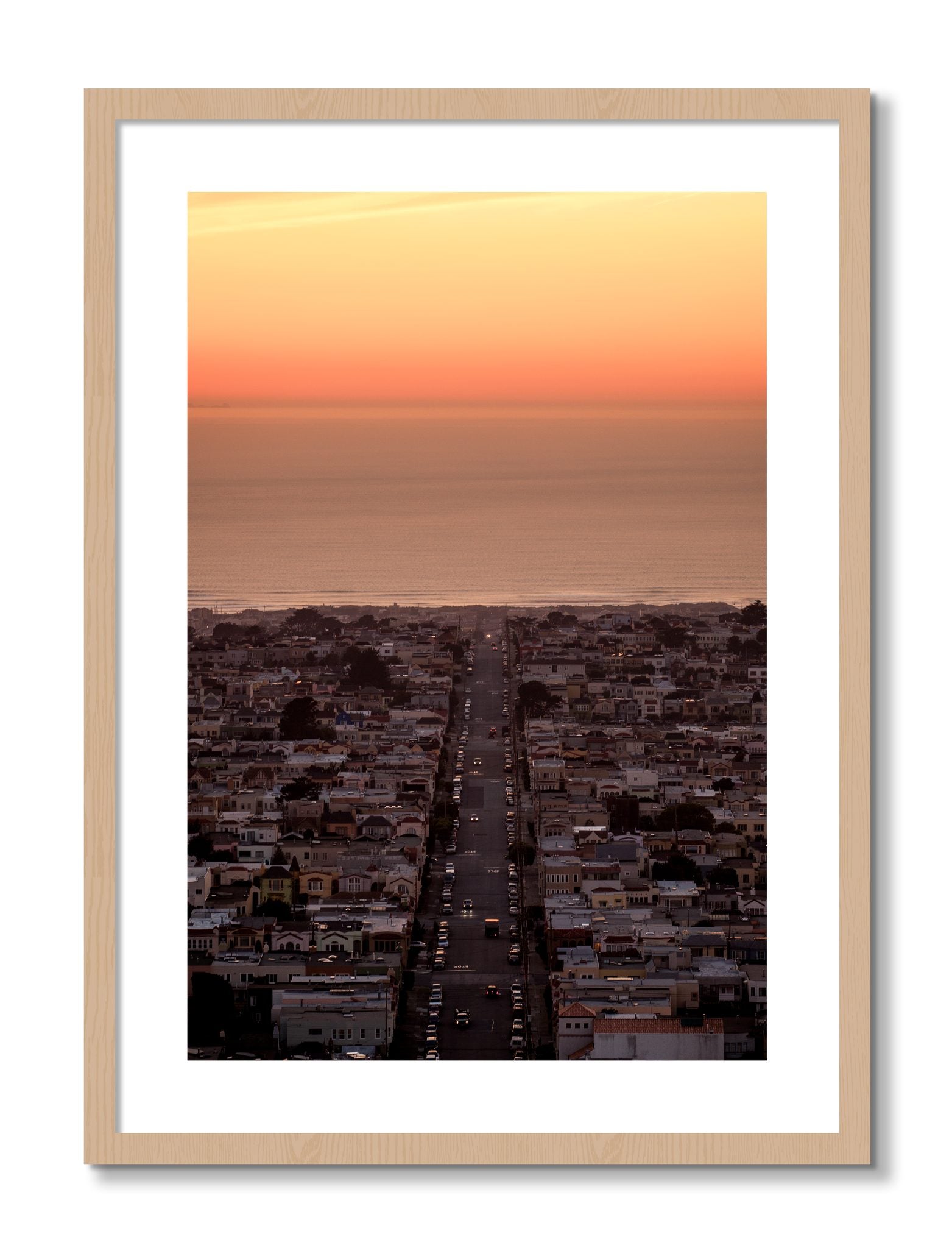 Framed photograph of Sunset Streets by Dylan Ozanich, Oak frame, Borders