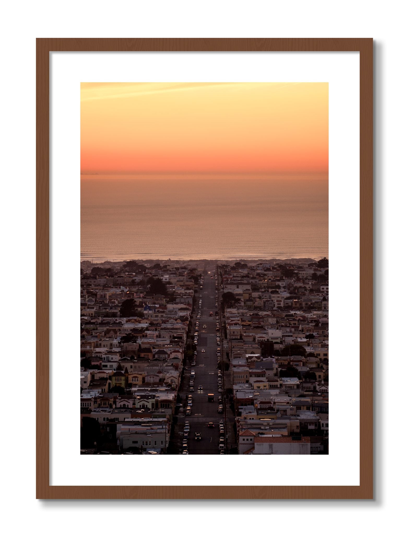 Framed photograph of Sunset Streets by Dylan Ozanich, Walnut frame, Borders