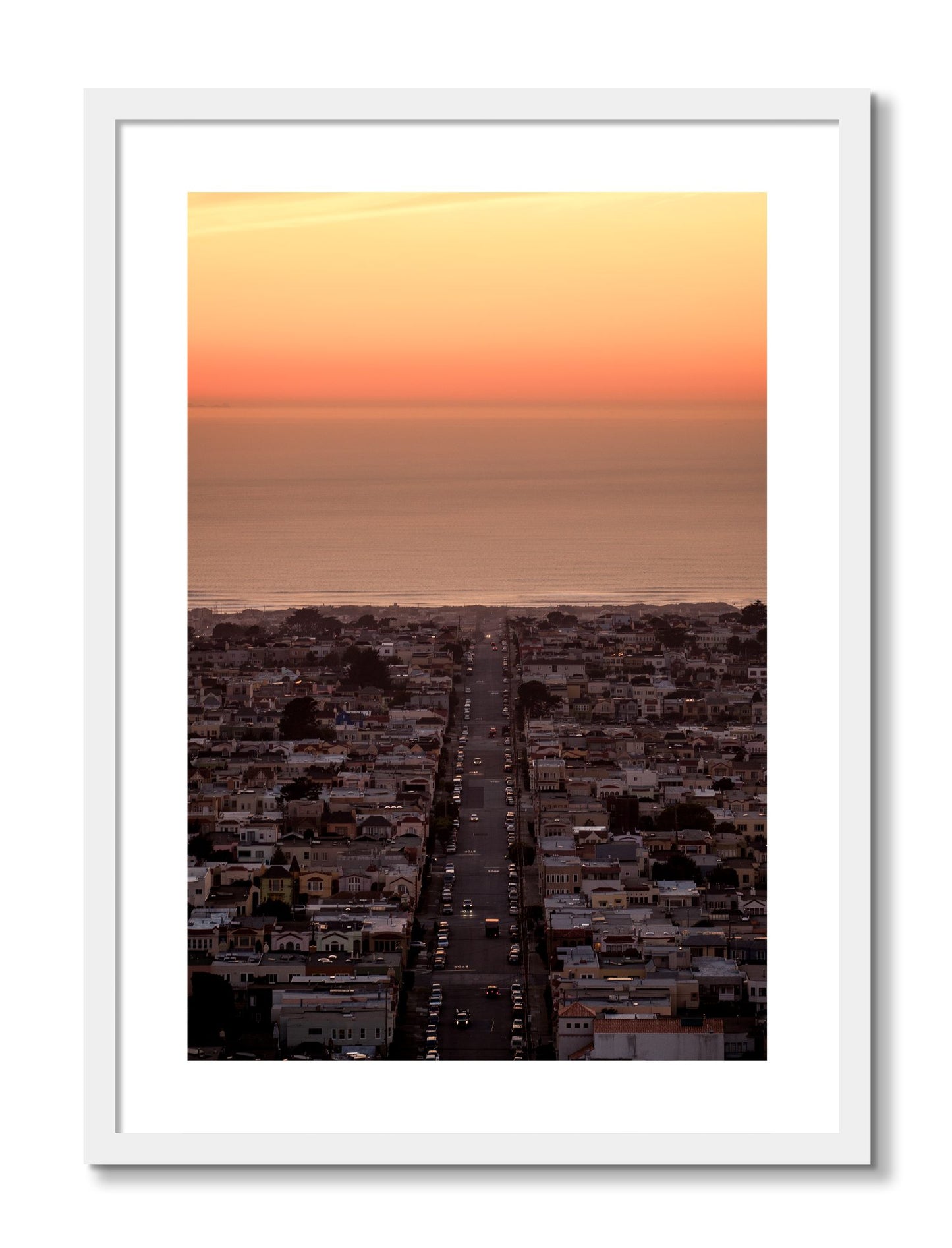Framed photograph of Sunset Streets by Dylan Ozanich, White frame, Borders