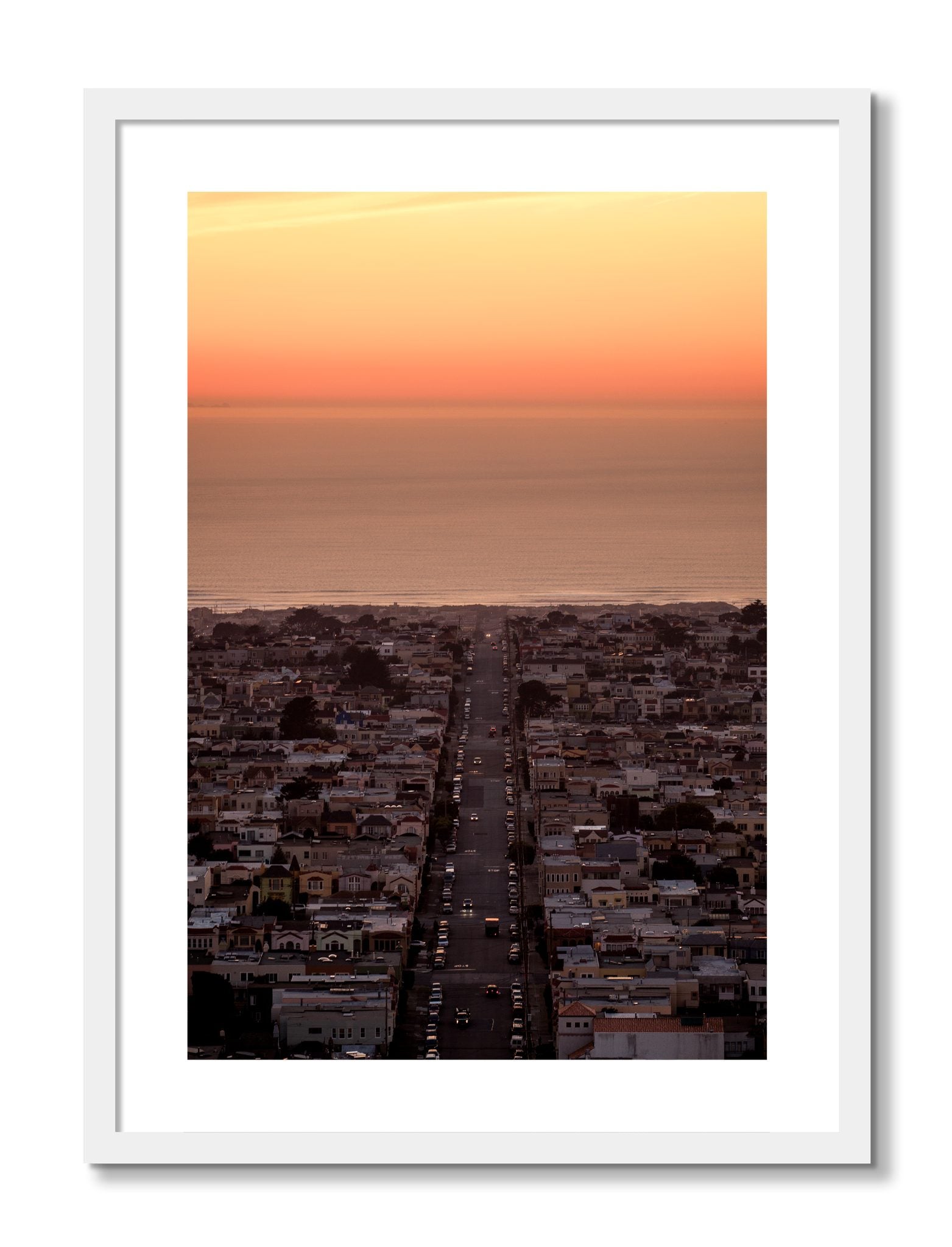 Framed photograph of Sunset Streets by Dylan Ozanich, White frame, Borders