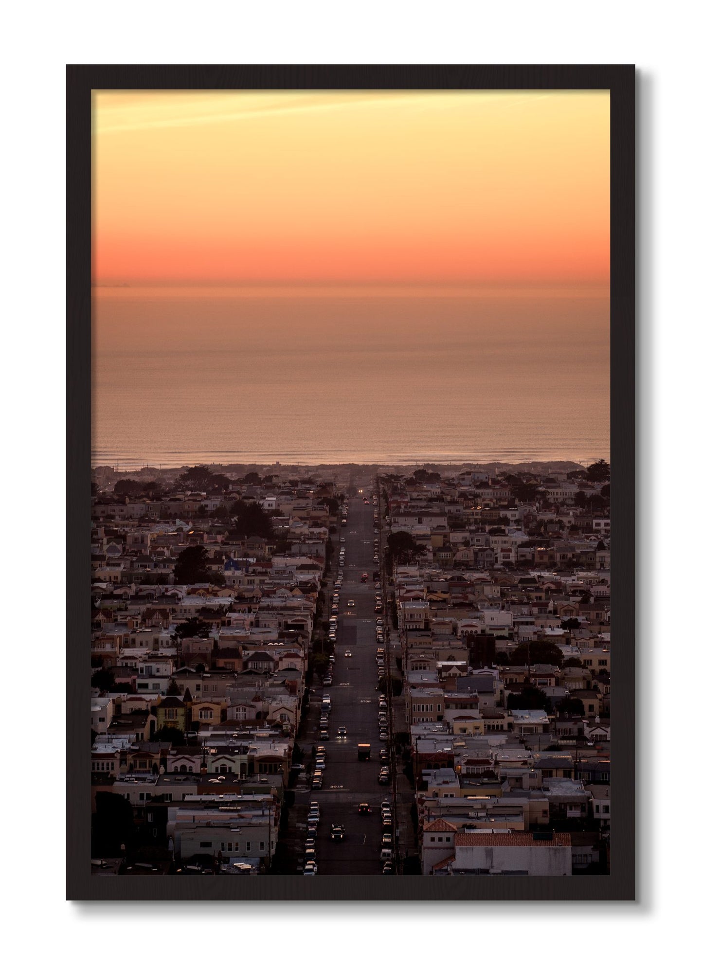 Framed photograph of Sunset Streets by Dylan Ozanich, Black Walnut frame, Full Bleed