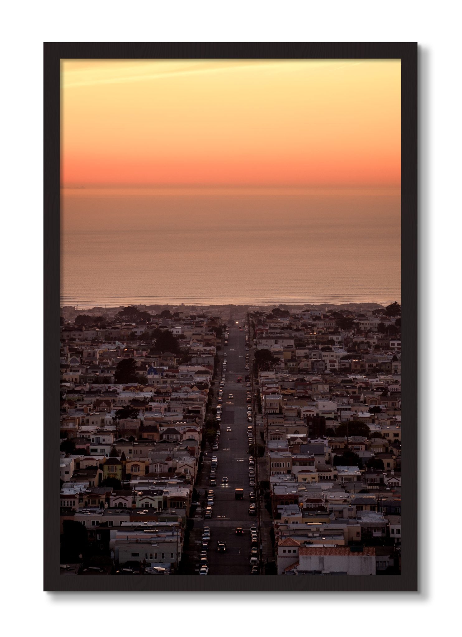 Framed photograph of Sunset Streets by Dylan Ozanich, Black Walnut frame, Full Bleed