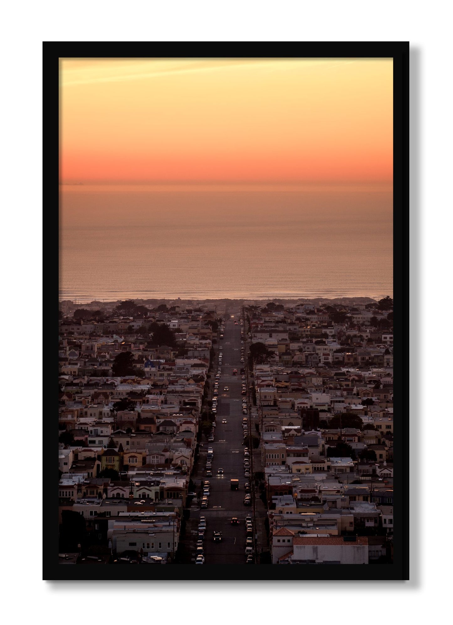 Framed photograph of Sunset Streets by Dylan Ozanich, Black frame, Full Bleed