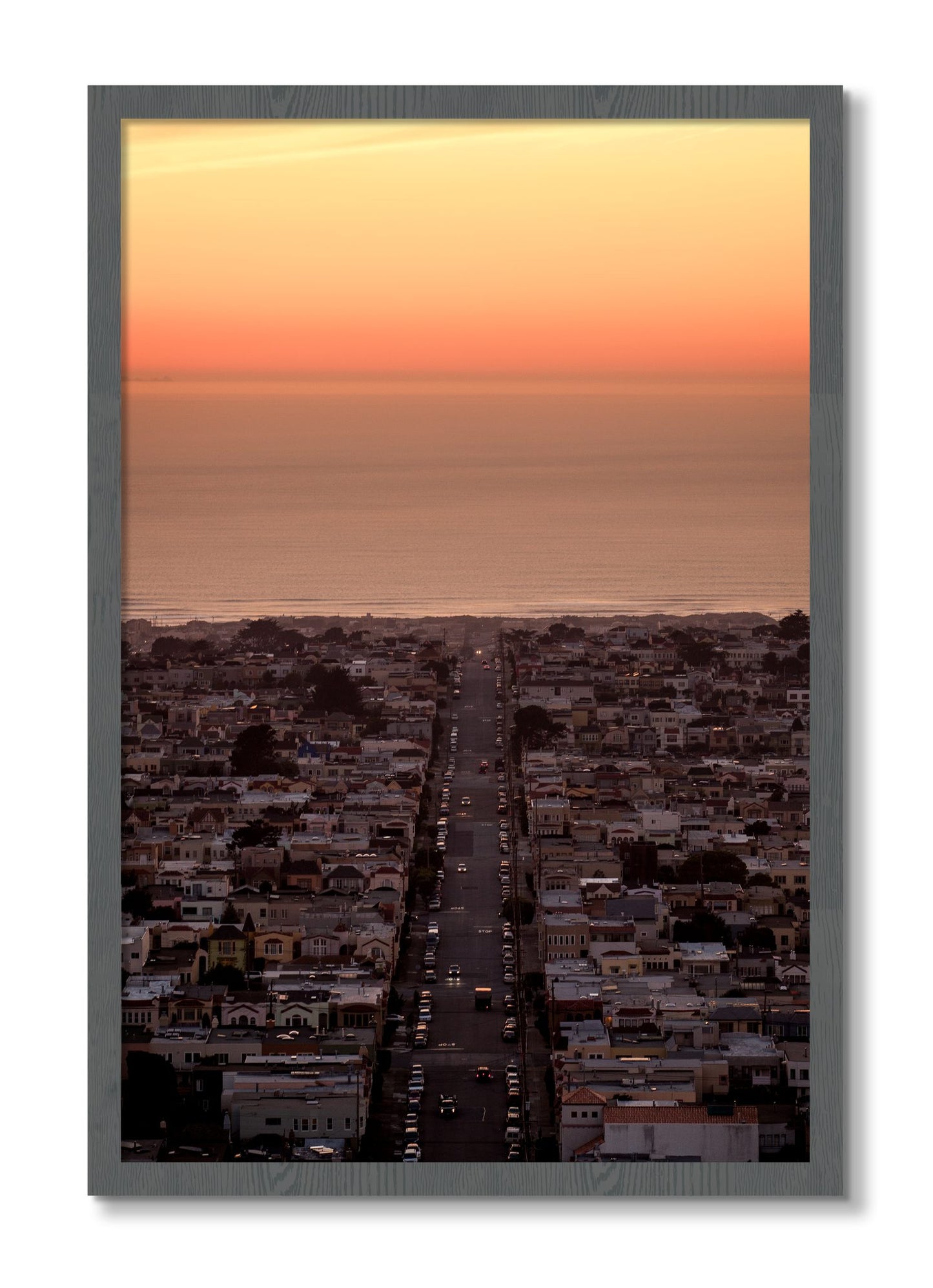 Framed photograph of Sunset Streets by Dylan Ozanich, Grey frame, Full Bleed