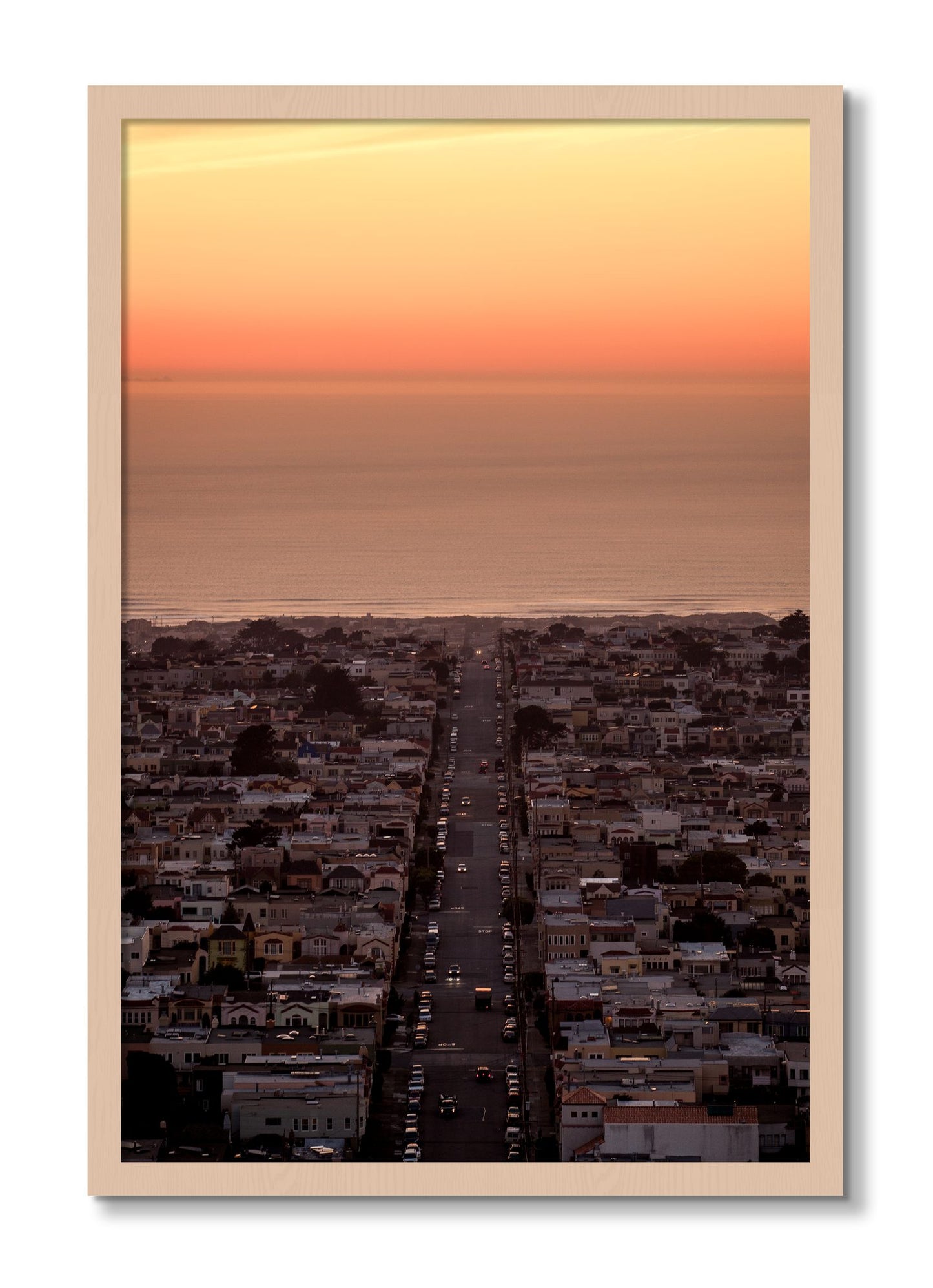 Framed photograph of Sunset Streets by Dylan Ozanich, Maple frame, Full Bleed