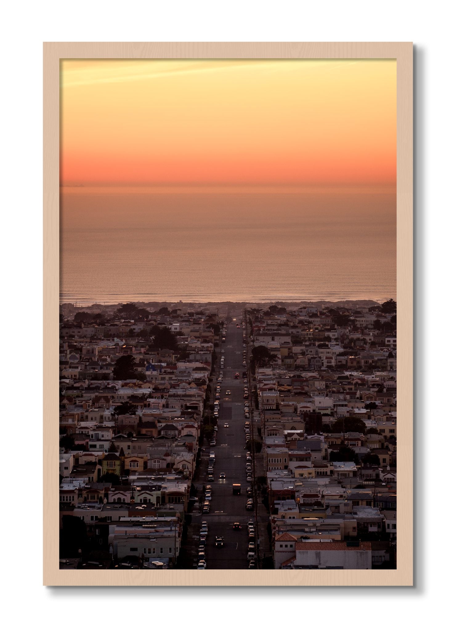 Framed photograph of Sunset Streets by Dylan Ozanich, Maple frame, Full Bleed