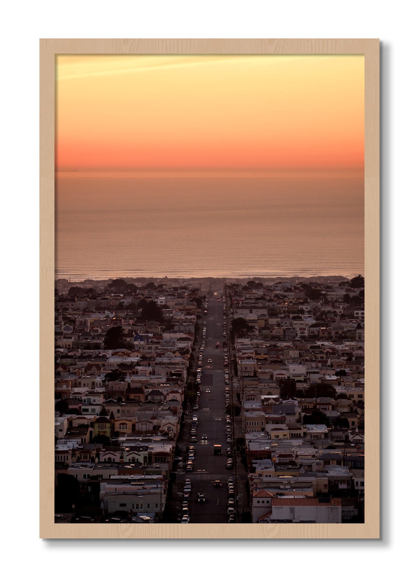Framed photograph of Sunset Streets by Dylan Ozanich, Oak frame, Full Bleed
