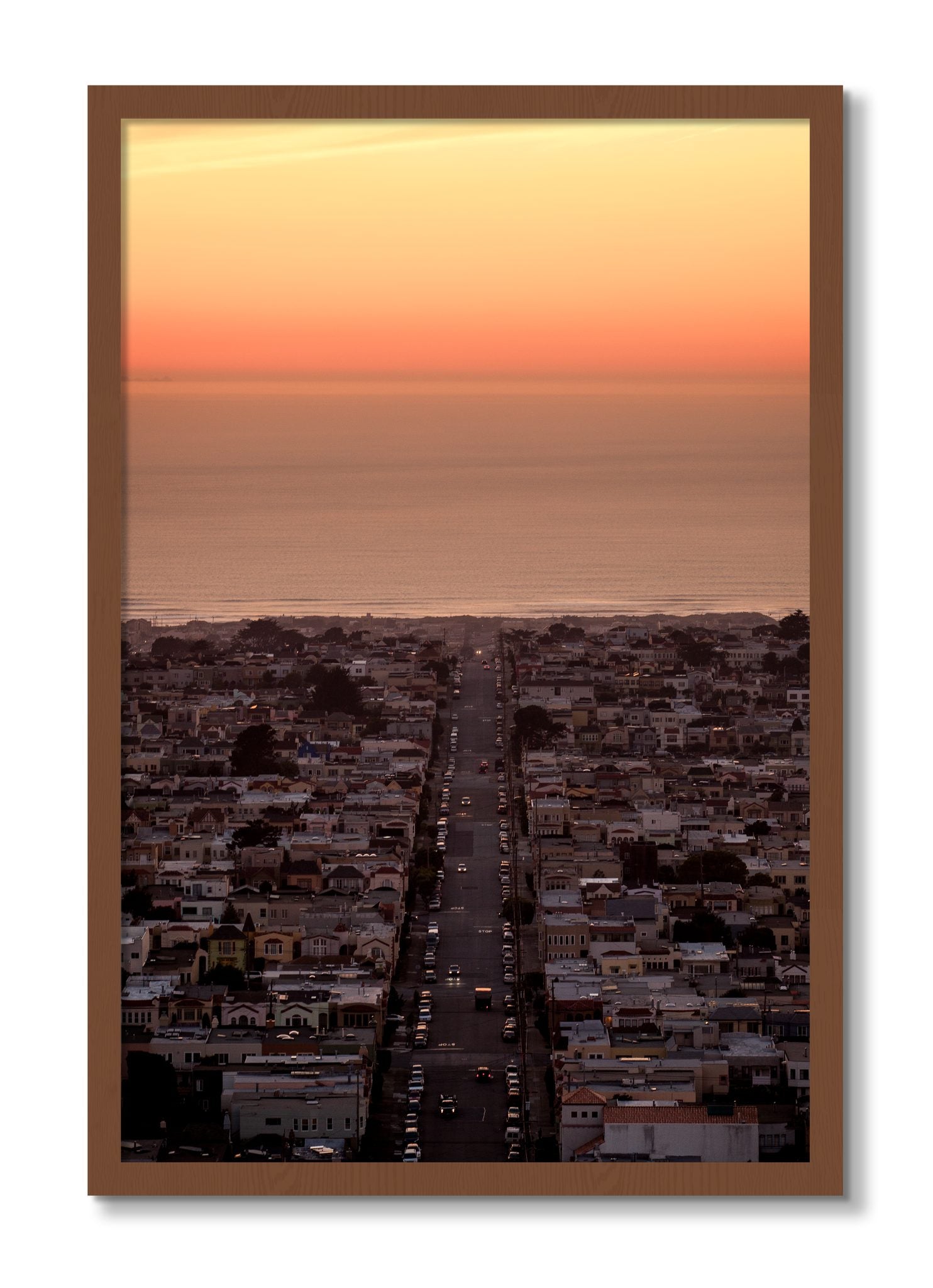 Framed photograph of Sunset Streets by Dylan Ozanich, Walnut frame, Full Bleed