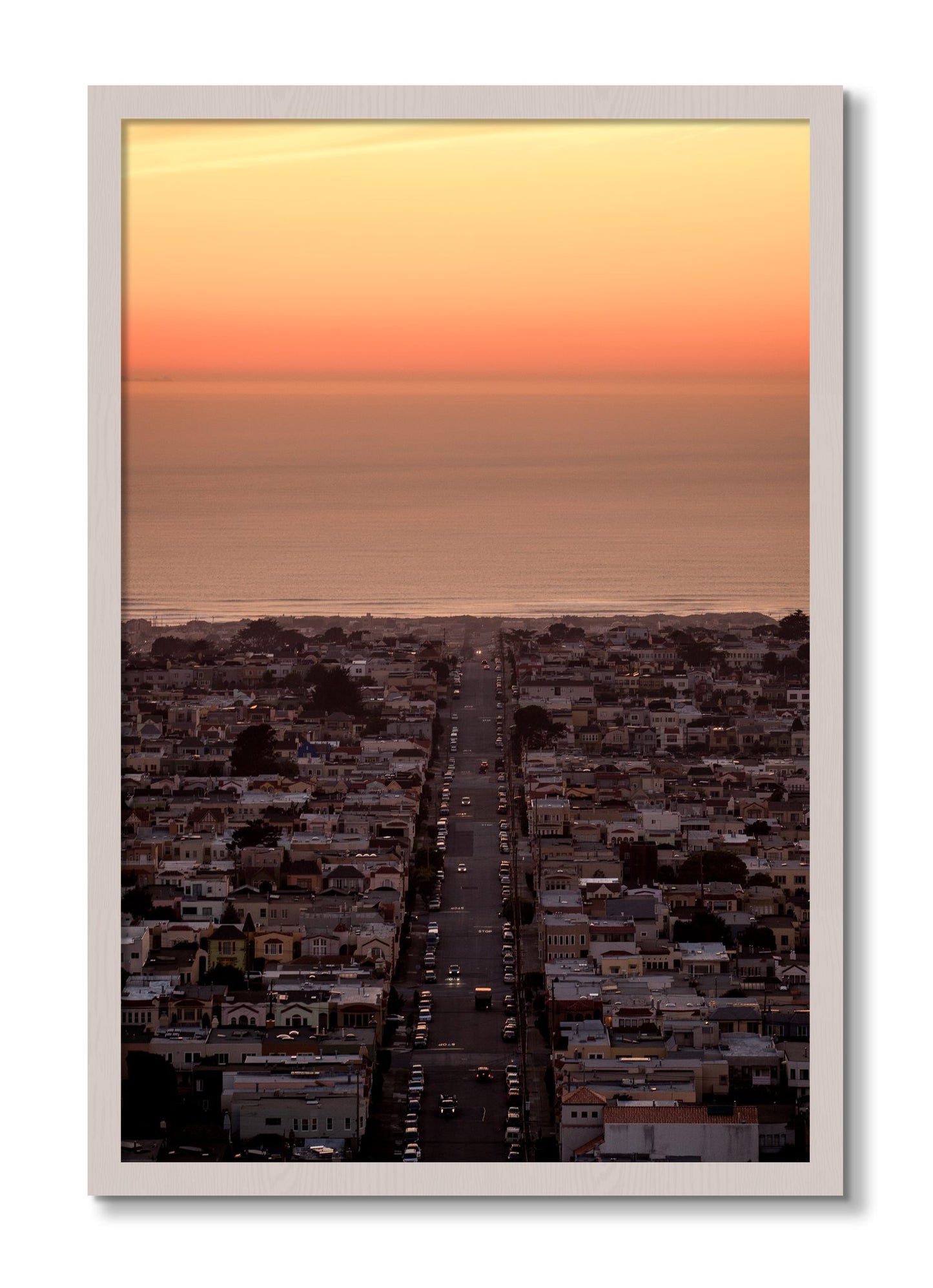 Framed photograph of Sunset Streets by Dylan Ozanich, White Maple frame, Full Bleed