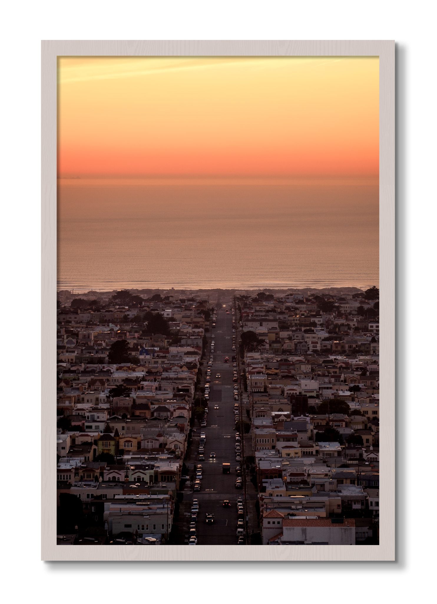 Framed photograph of Sunset Streets by Dylan Ozanich, White Maple frame, Full Bleed