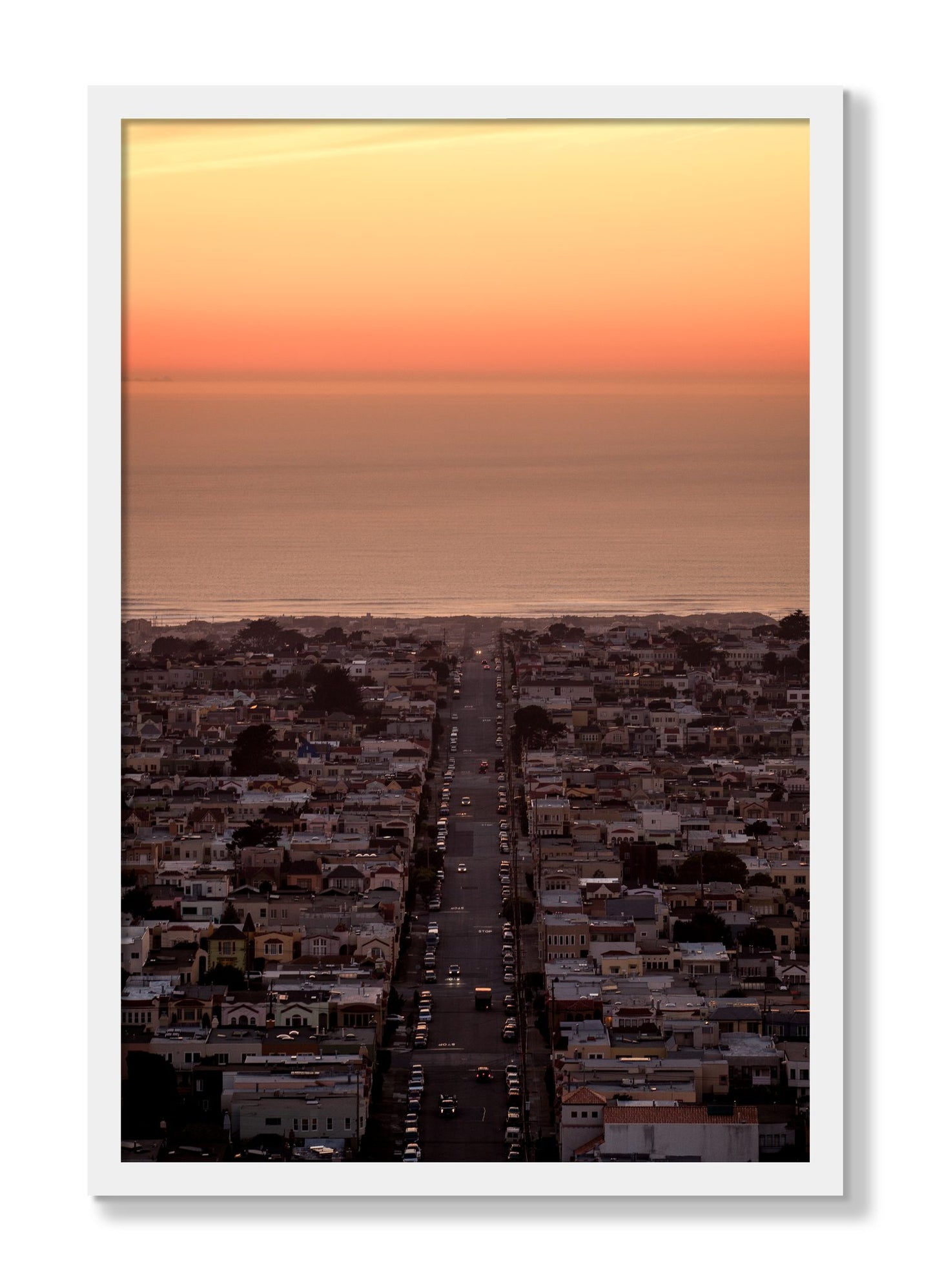 Framed photograph of Sunset Streets by Dylan Ozanich, White frame, Full Bleed