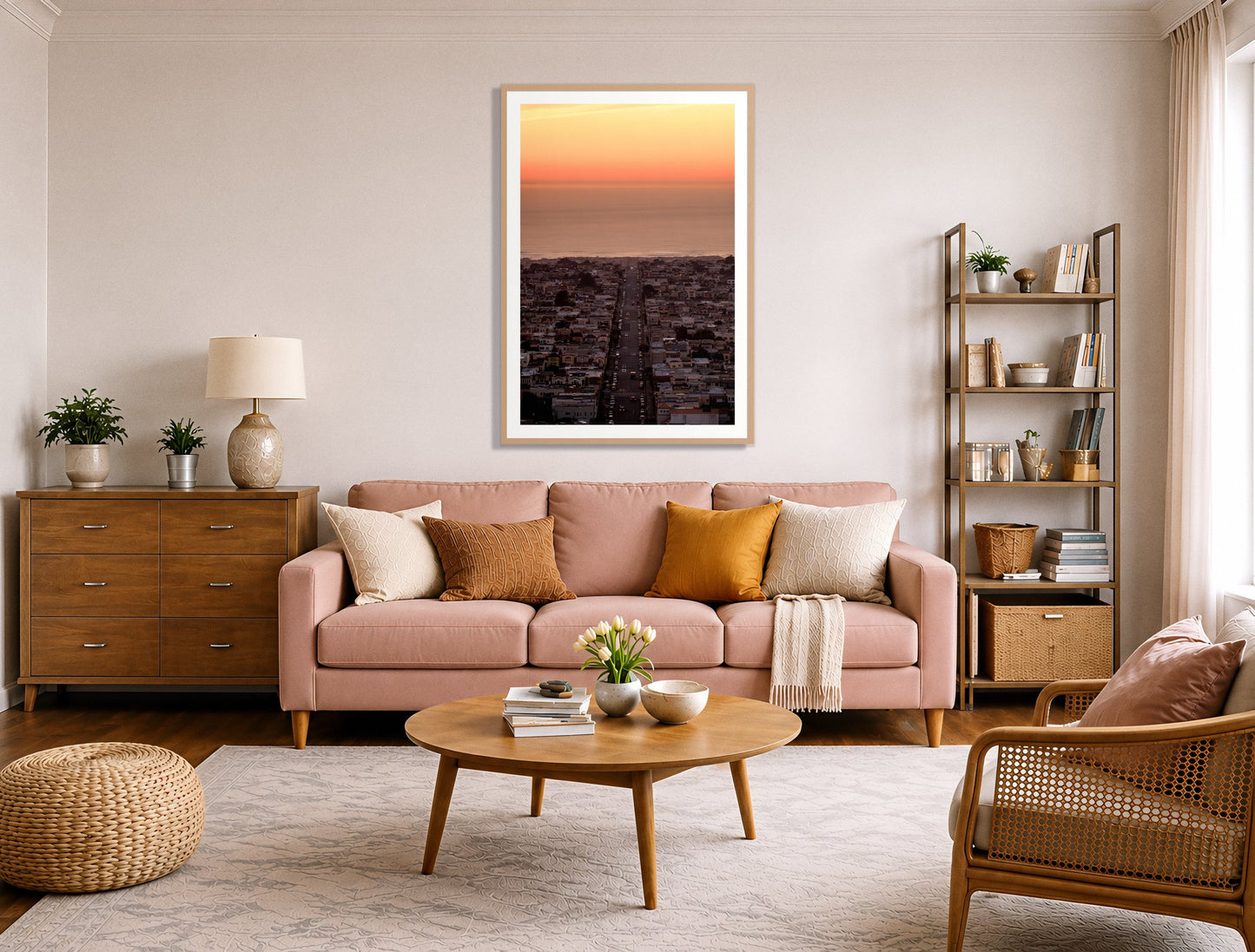 Sunset Streets by Dylan Ozanich in an Oak frame, above a blush pink sofa in a warm, eclectic living room