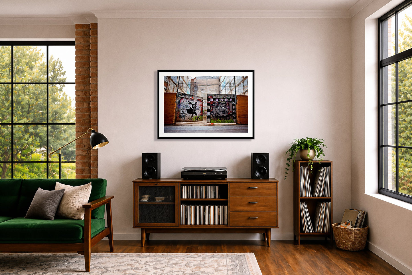 The Dance by Dylan Ozanich in a Black frame, above a record credenza in a listening room with a green velvet sofa