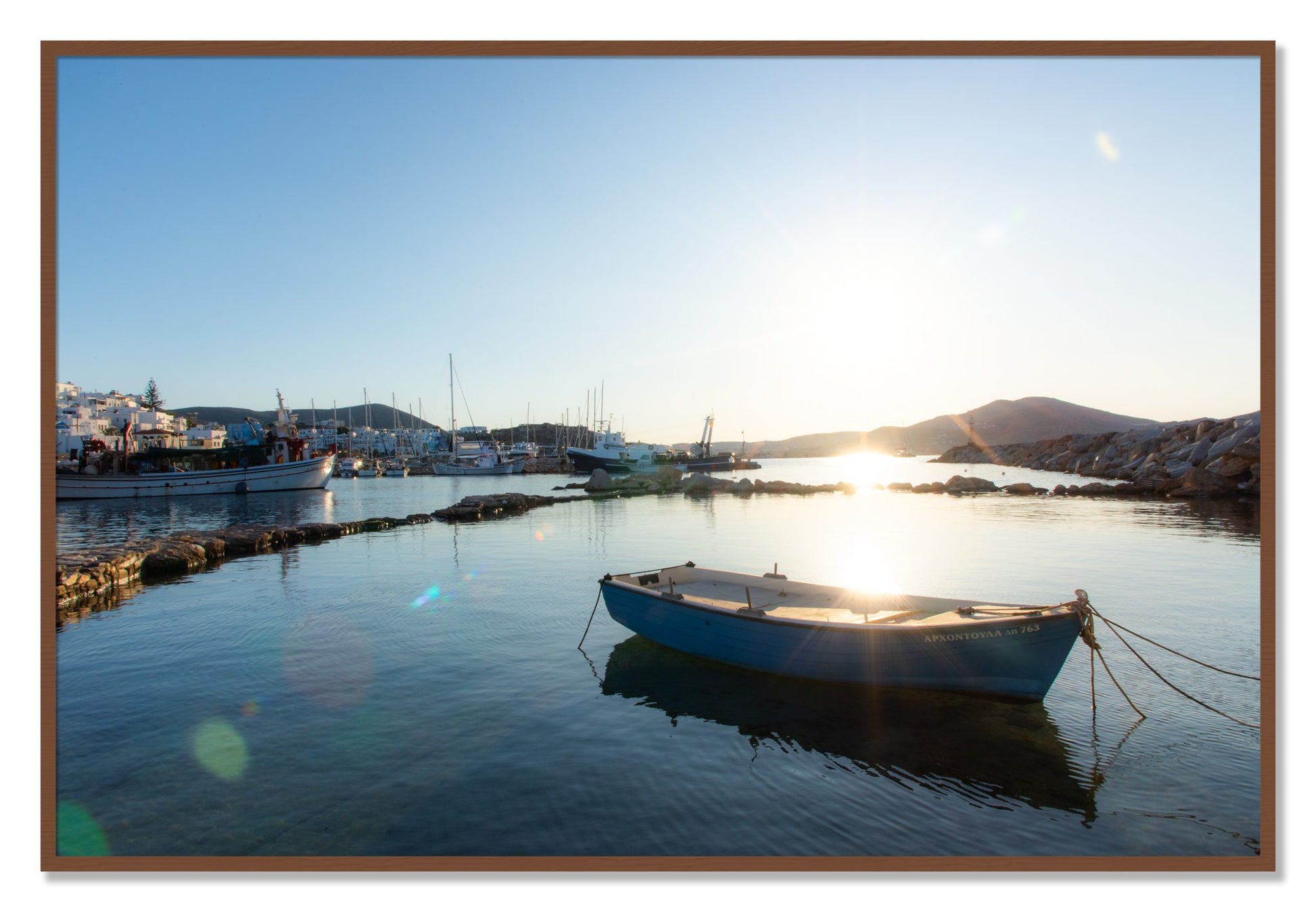 Framed photograph of Tied Down In Paros by Dylan Ozanich, Walnut frame, Full Bleed