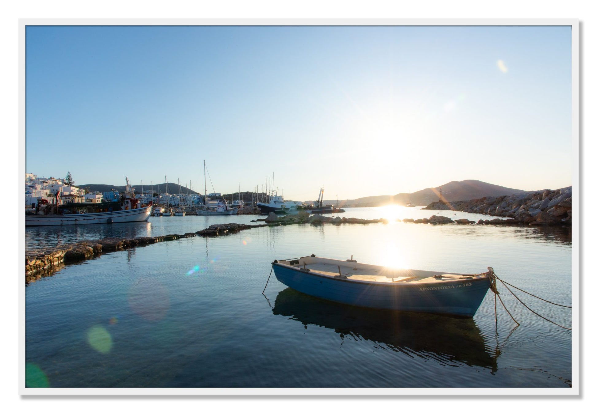 Framed photograph of Tied Down In Paros by Dylan Ozanich, White frame, Full Bleed