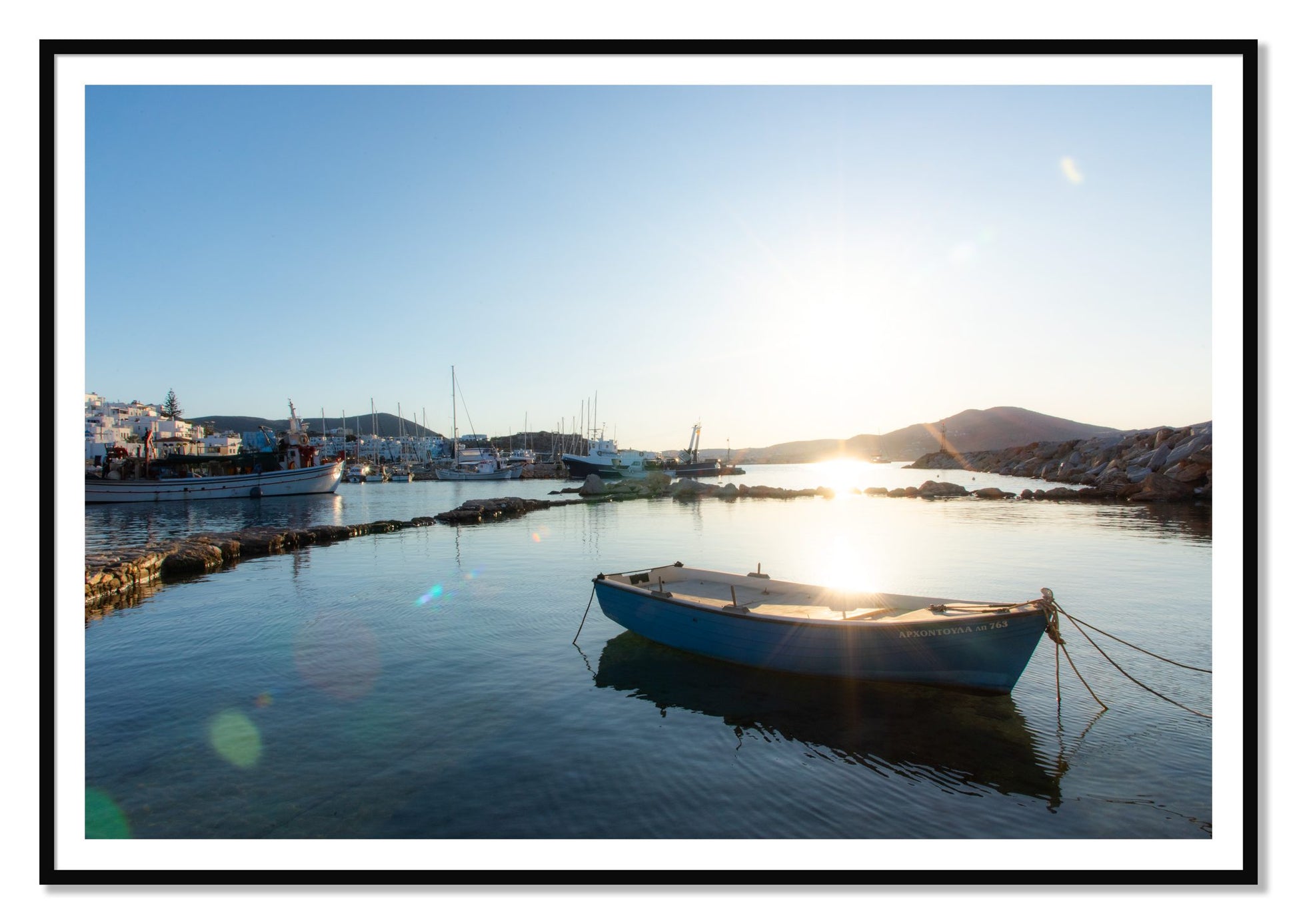 Framed photograph of Tied Down In Paros by Dylan Ozanich, Black frame, Borders