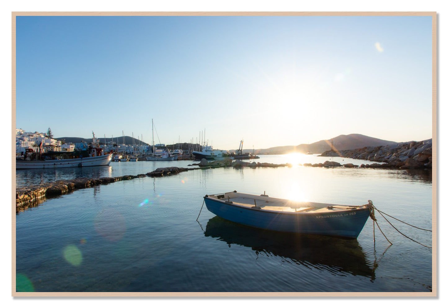 Framed photograph of Tied Down In Paros by Dylan Ozanich, Maple frame, Full Bleed
