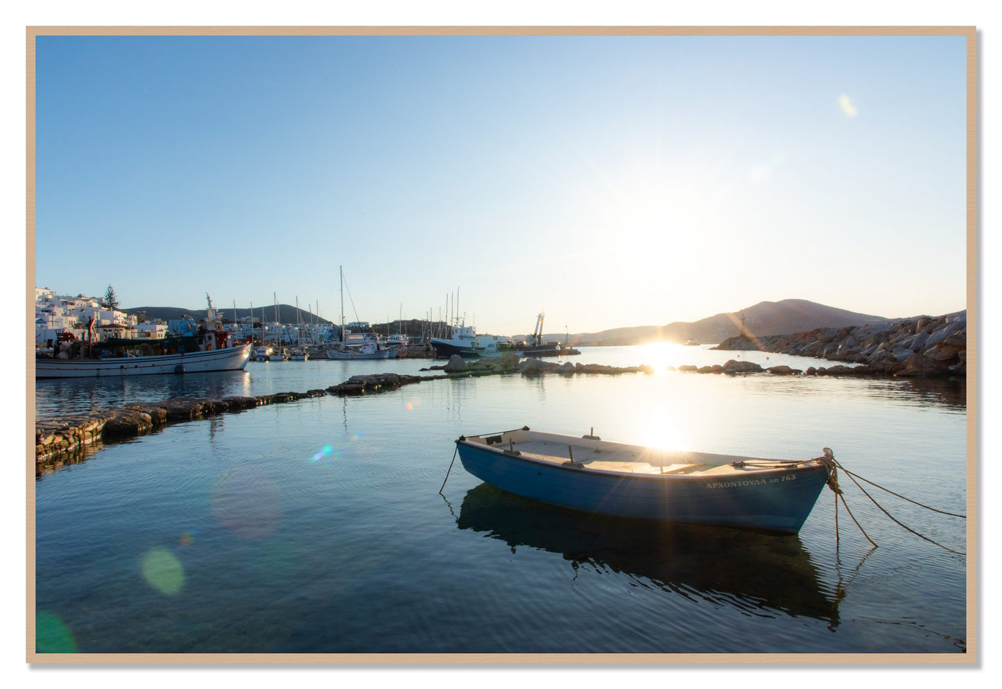 Framed photograph of Tied Down In Paros by Dylan Ozanich, Oak frame, Full Bleed