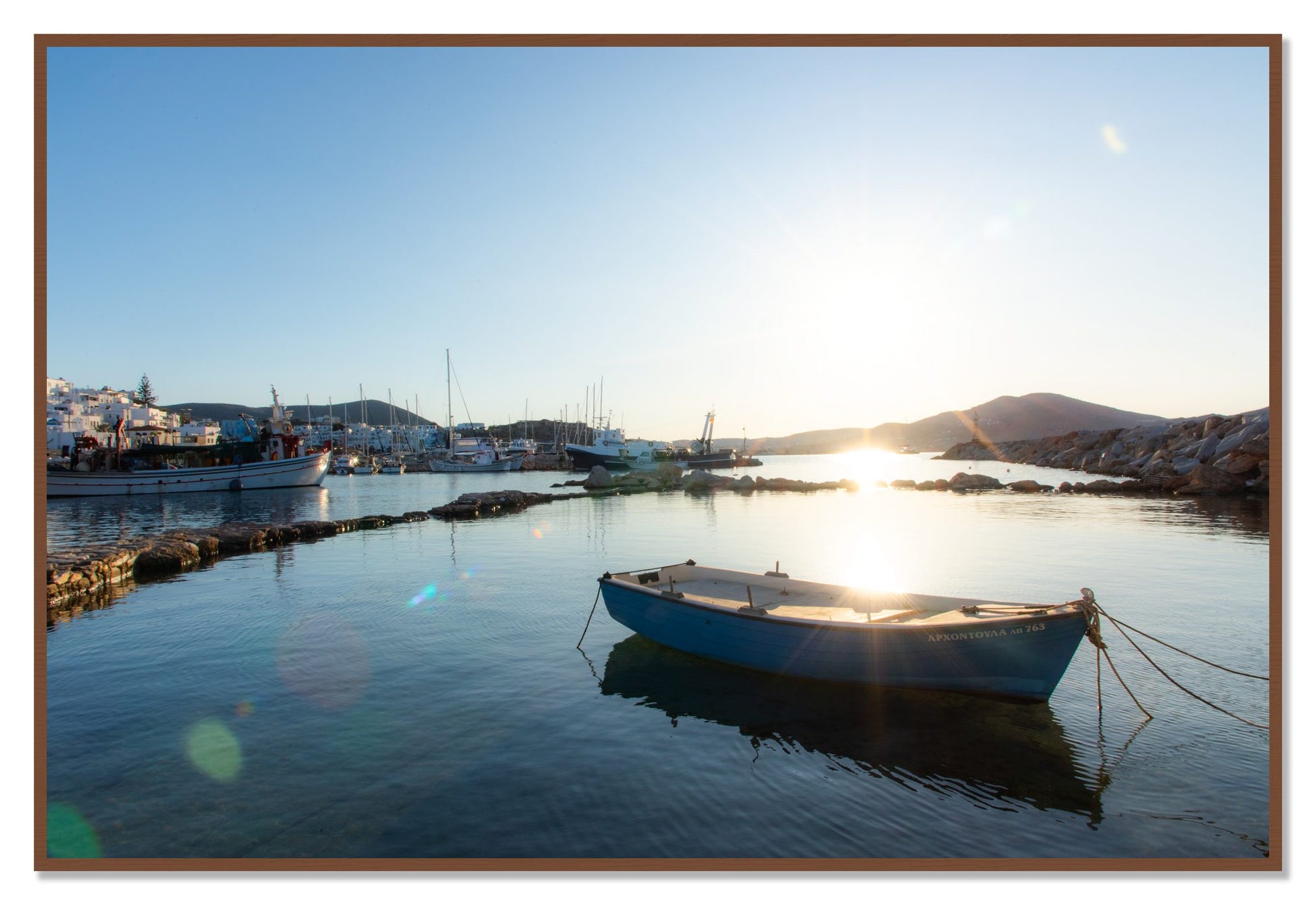 Framed photograph of Tied Down In Paros by Dylan Ozanich, Walnut frame, Full Bleed