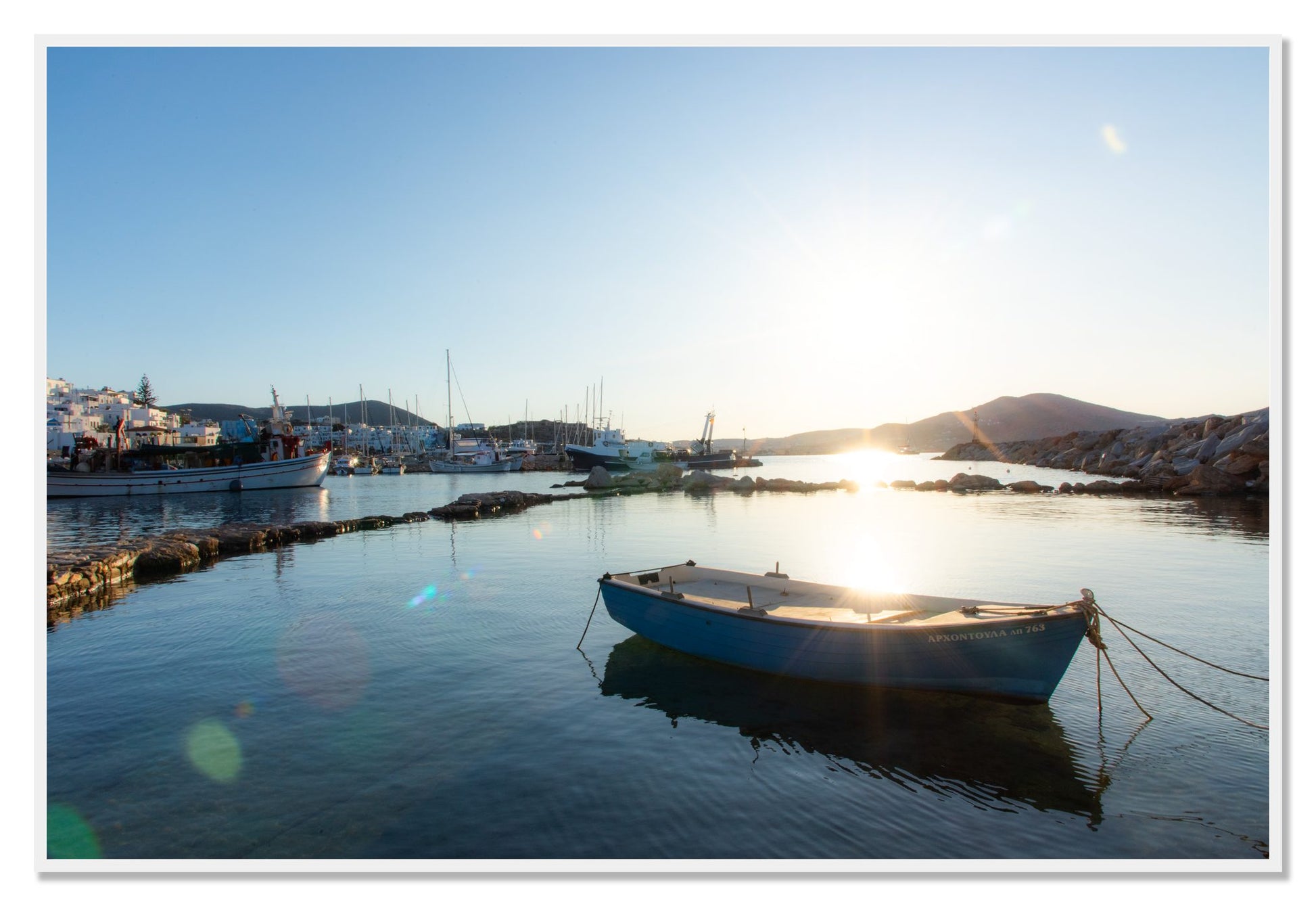 Framed photograph of Tied Down In Paros by Dylan Ozanich, White frame, Full Bleed