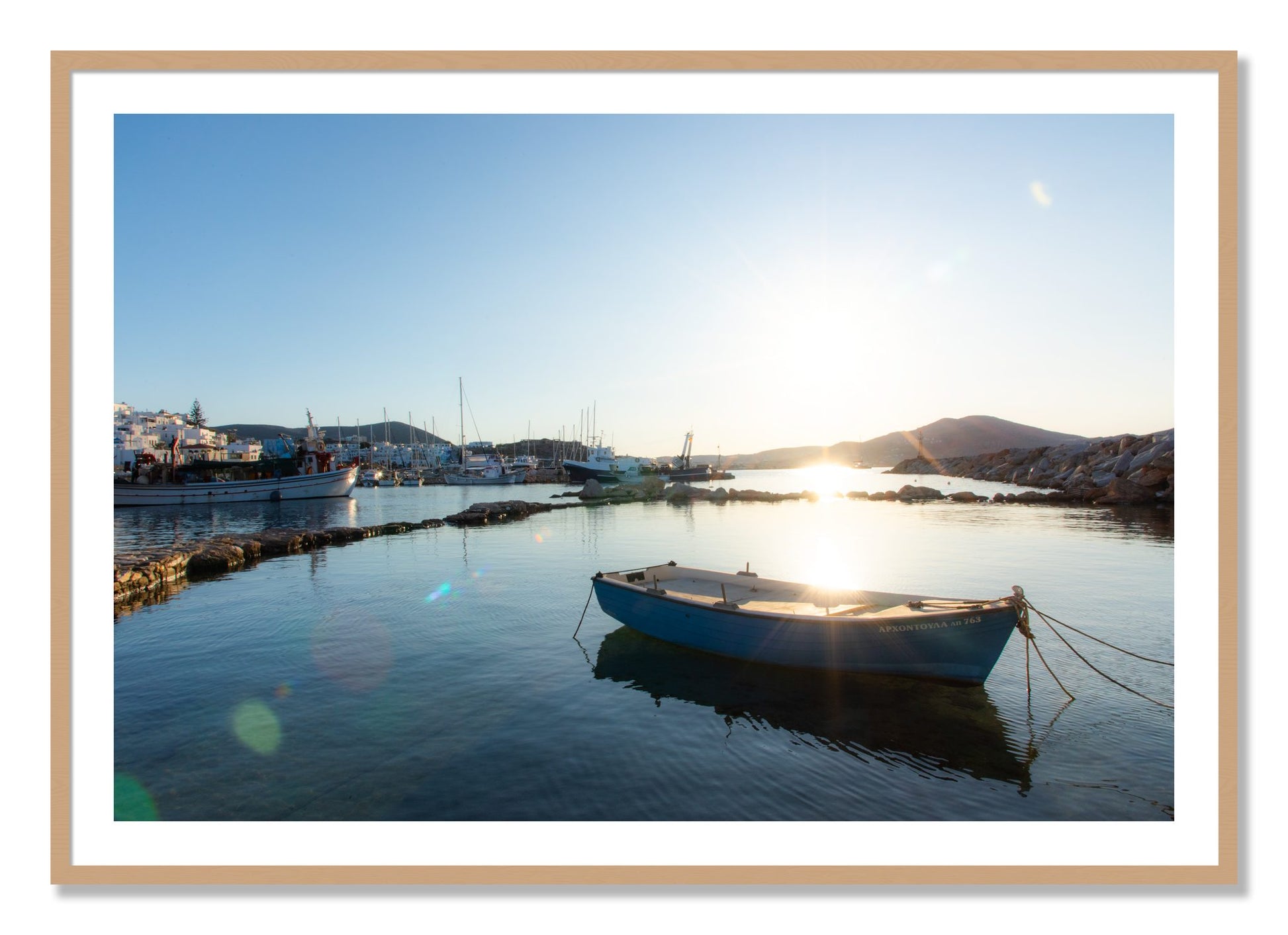 Framed photograph of Tied Down In Paros by Dylan Ozanich, Oak frame, Borders