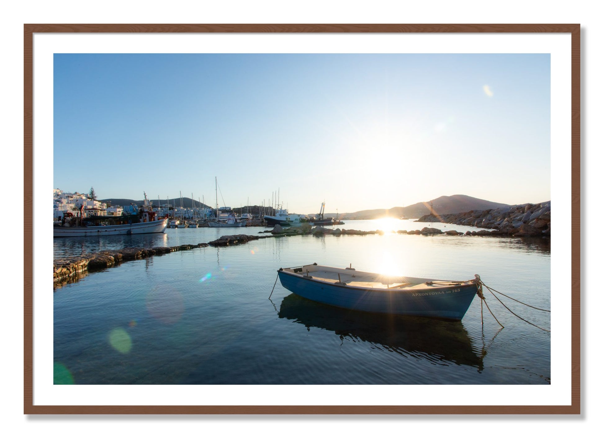 Framed photograph of Tied Down In Paros by Dylan Ozanich, Walnut frame, Borders